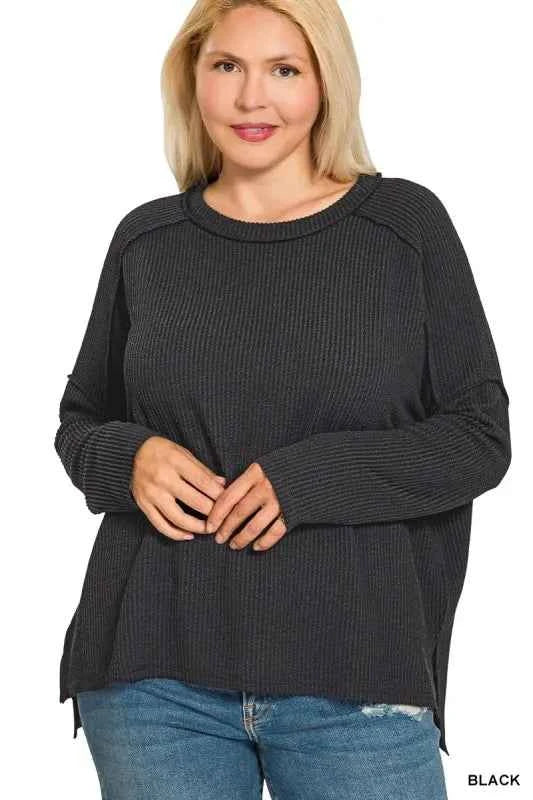 Zenana Full Size Exposed Seam Long Sleeve Corded Rib Knit Top Plus Size af993bee-80f4-4041-9240-5d7bb75311ad-Max-Origin