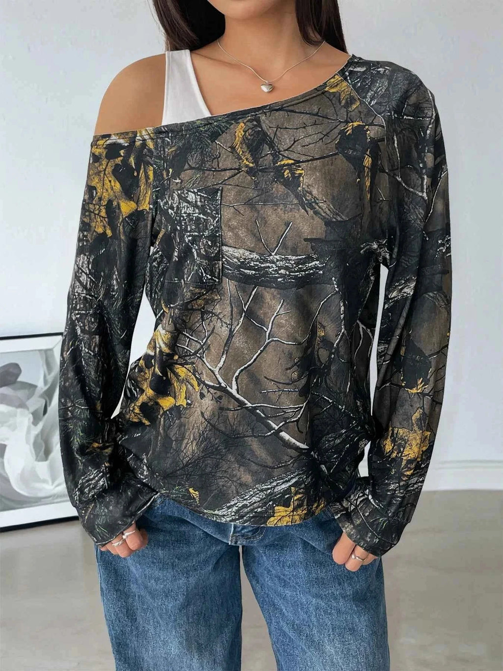 Asymmetrical Neck Printed Long Sleeve Top Army Green af9b10fa54ee47a6ae7fe27221e623af-Max-Origin