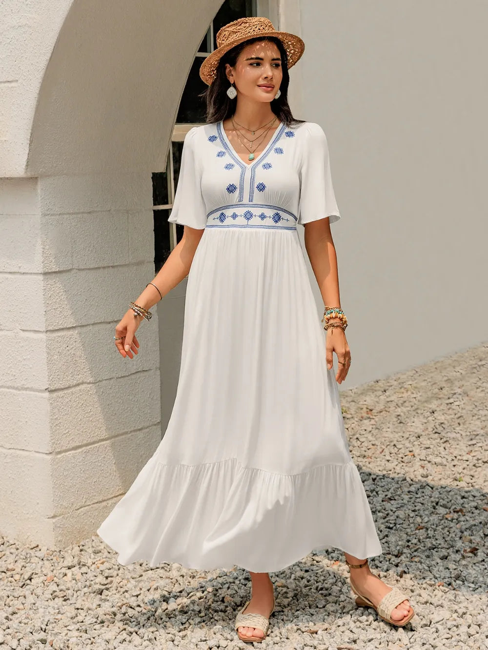 Ruffled Hem V-Neck Flutter Sleeve Dress White af9c5b77-15f8-4e04-8080-c3a483a540c7-Max