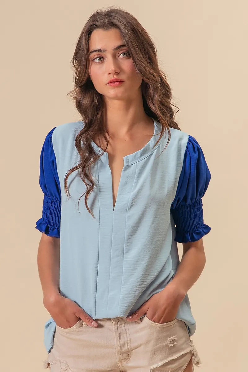 BiBi Air Flow Color Block Puff Sleeves V Neck Top af9fae31e15f484eb731cde4f89cd679-Max-Origin