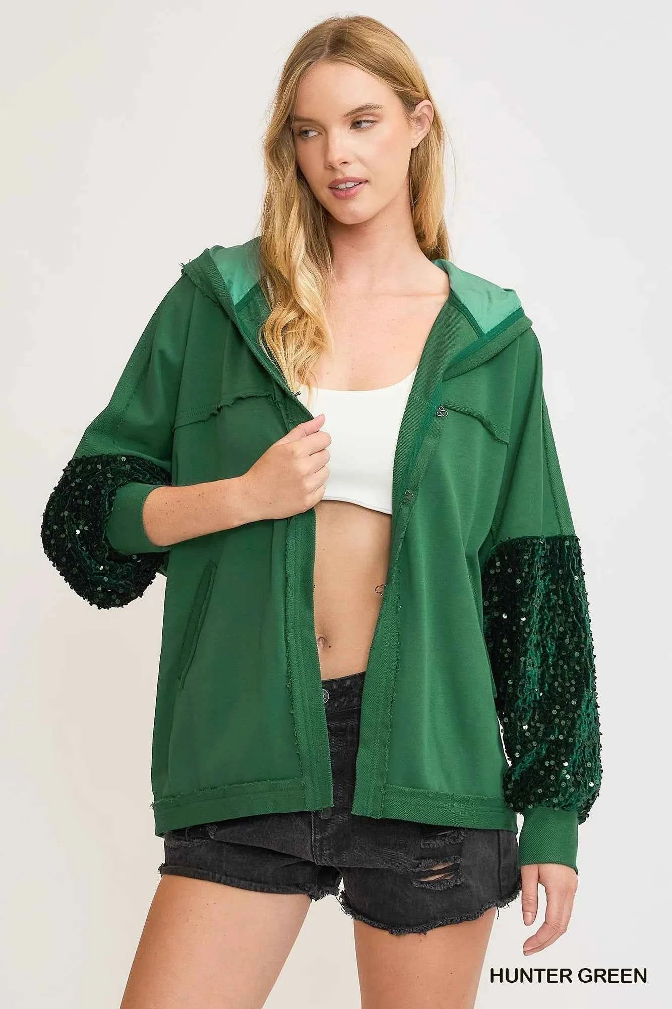 Umgee Sequined French Terry Jacket HUNTER GREEN afa02998-ac8b-4053-927a-5fbe070ed5c0-Max-Origin