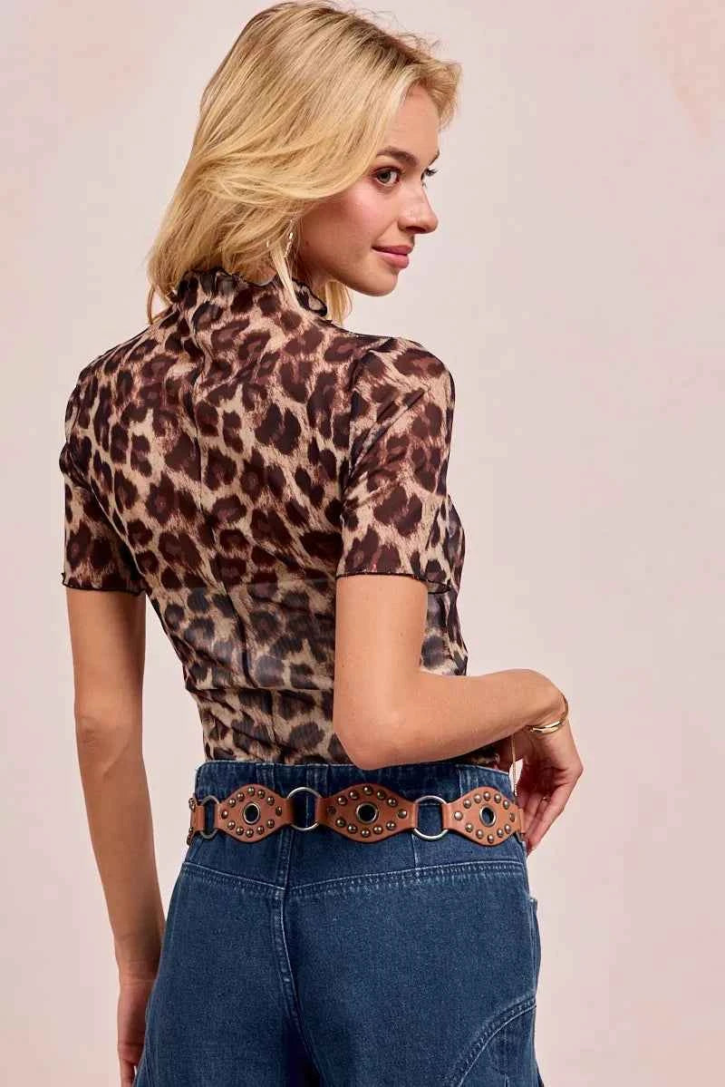 BiBi High Neck Leopard Mesh Short Sleeves Top afa3936161ac4c799d38b0e9e2d00168-Max-Origin
