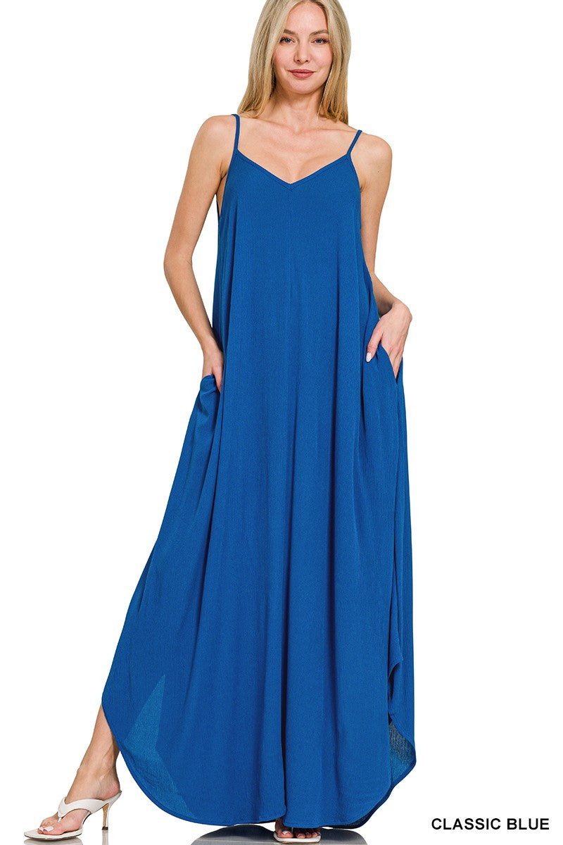 Zenana Woven Crinkle Cami Maxi Dress with Side Pockets CLASSIC BLUE afa90029bceb4dac8c38ccc2a6d86093-Max