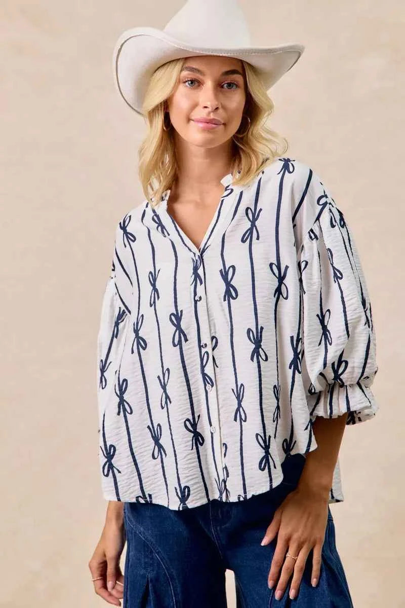 Bow Ribbon Printed Woven Bubble Sleeves Top afa9ce763c5747779a003ce20b120eeb-Max-Origin
