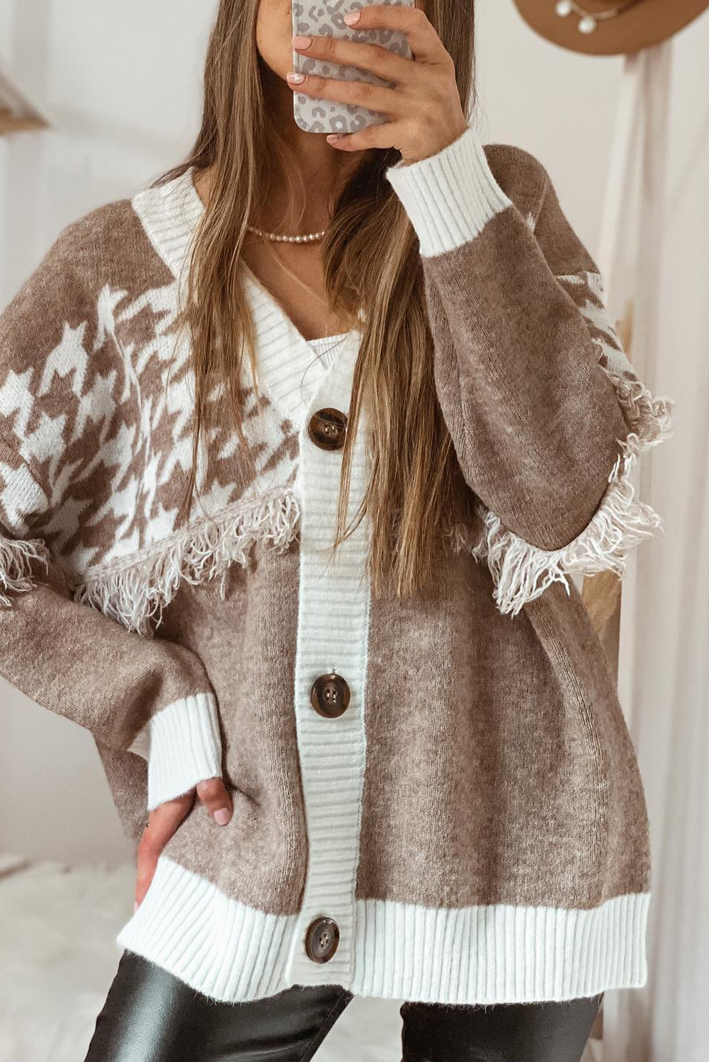 Khaki Houndstooth Colorblock V Neck Raw Edge Button Front Cardigan Khaki 70%Polyester+20%Acrylic+10%Polyamide afaab9782feb632e