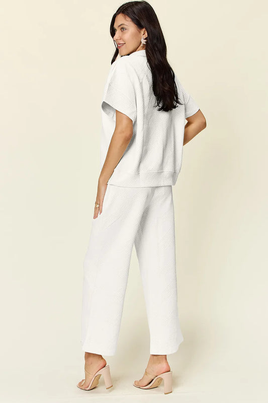 Double Take Full Size Texture Half Zip Short Sleeve Top and Pants Set afb62fc0-30d1-4ffb-9856-6f1ecf8819a7-Max