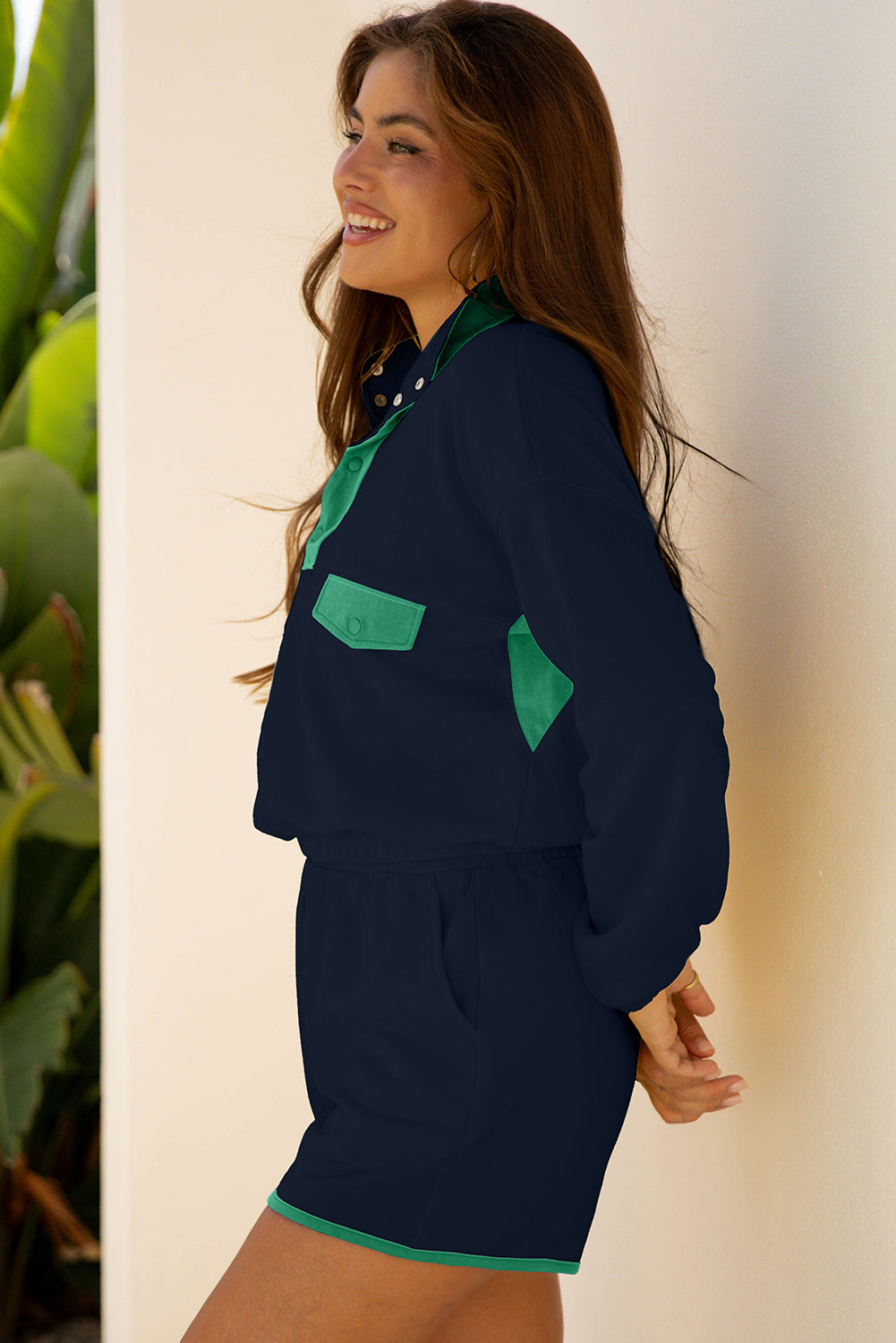 Navy Blue Color Block Patchwork Half Button Pullover and Shorts 2pcs Outfit afb81b5c8c6a88b3