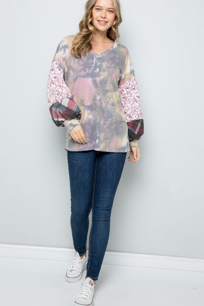 Celeste Tie-Dye V-Neck Printed Sleeve Blouse