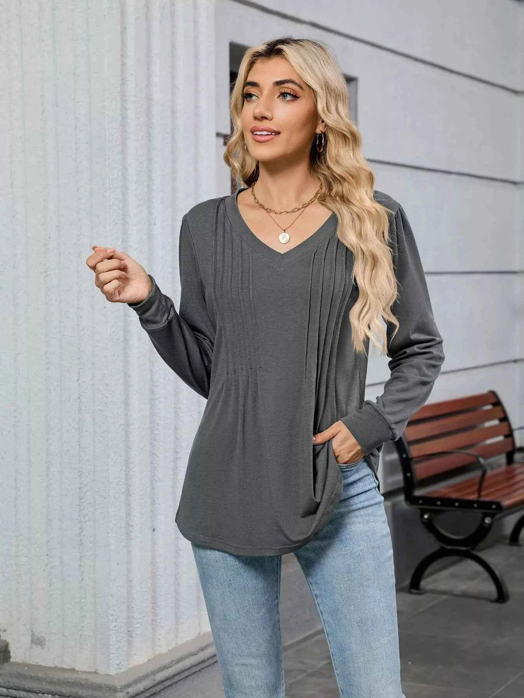 V-Neck Long Sleeve Relaxed Fit T-Shirt