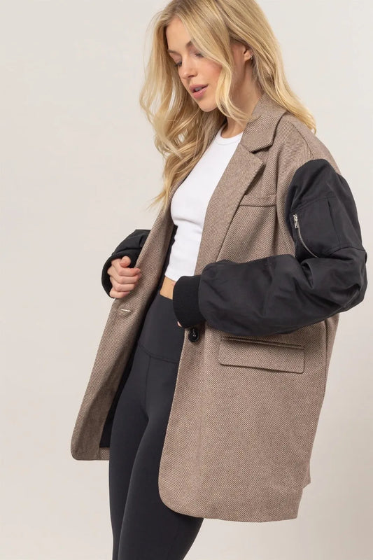Herringbone Mixed Media Contrast Long Sleeve Blazer afbc816b-a709-44ec-9fd7-6563f3e421fe-Max