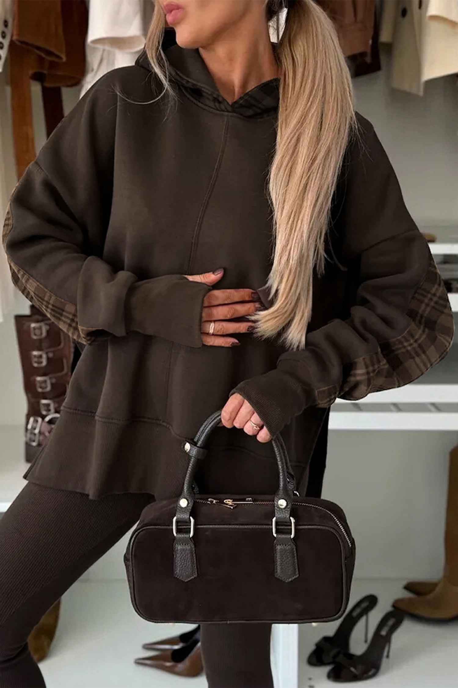 Beige Plaid Patchwork Side Slit Sweatshirt Chicory Coffee 65%Polyester+35%Cotton afc0282cd0a0e657