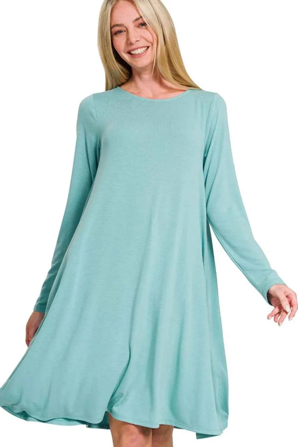 Zenana Long Sleeve Flare Dress With Pockets DUSTY TEAL afc2b031-56a3-4a13-9c52-075fdbf47e61-Max-Origin