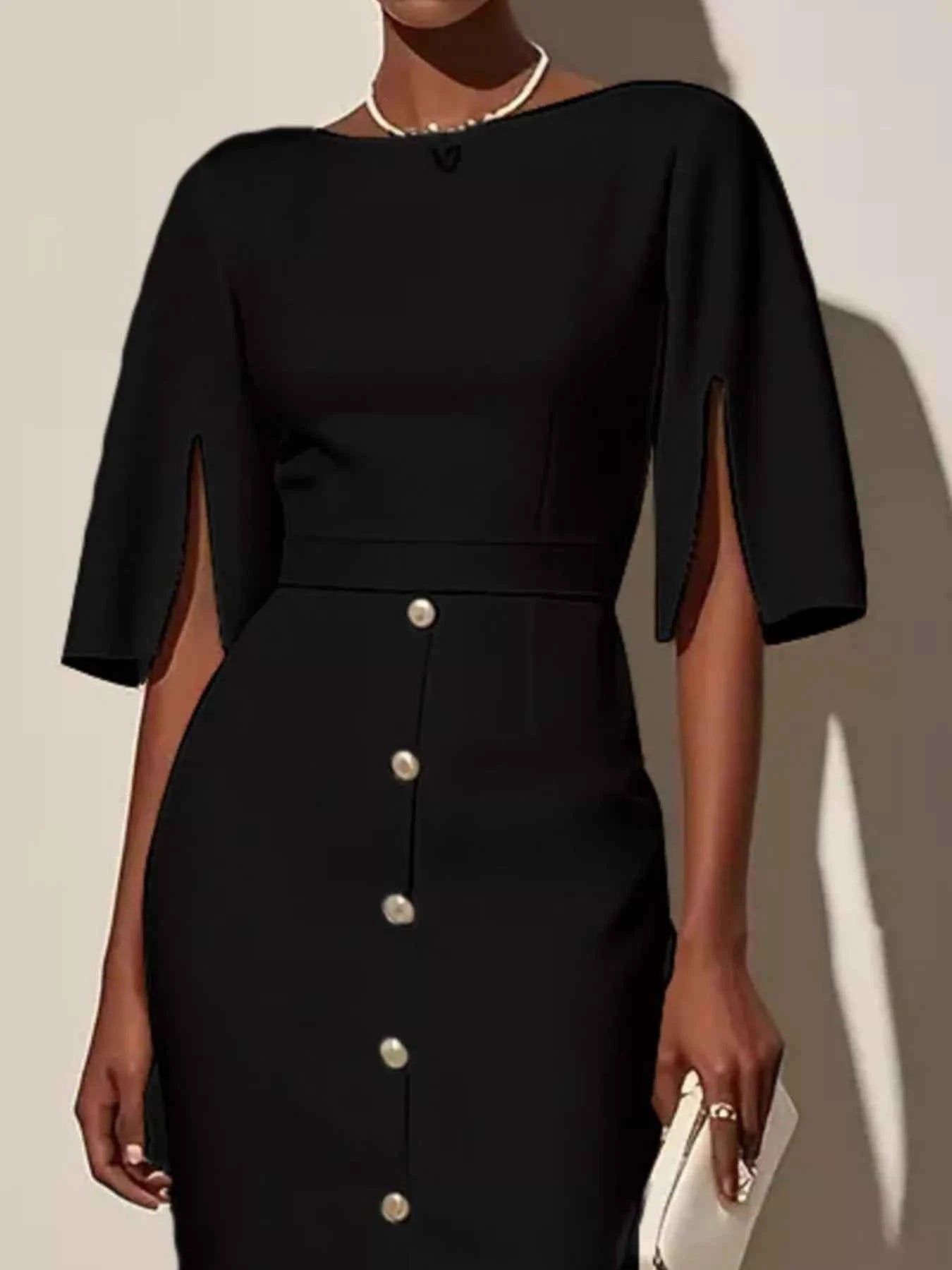 Slit Sleeve Midi Dress with Decorative Button afc4729c-580b-4bd2-bf50-d4916df14988-Max-Origin