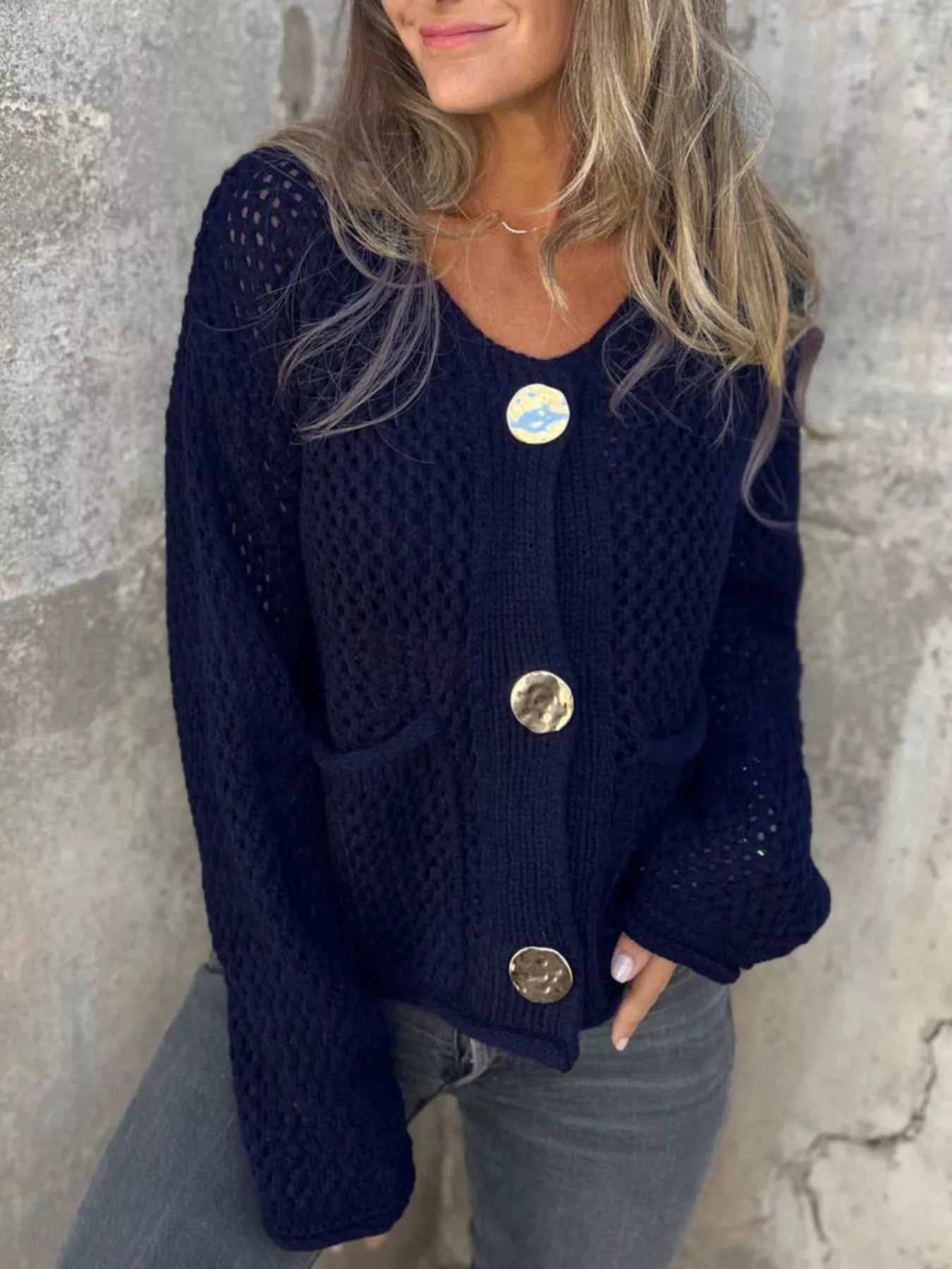 Crochet Button Up Long Sleeve Cardigan Dark Blue afc60d67-d5aa-4d02-a6cc-4d2b6770e5ba-Max-Origin