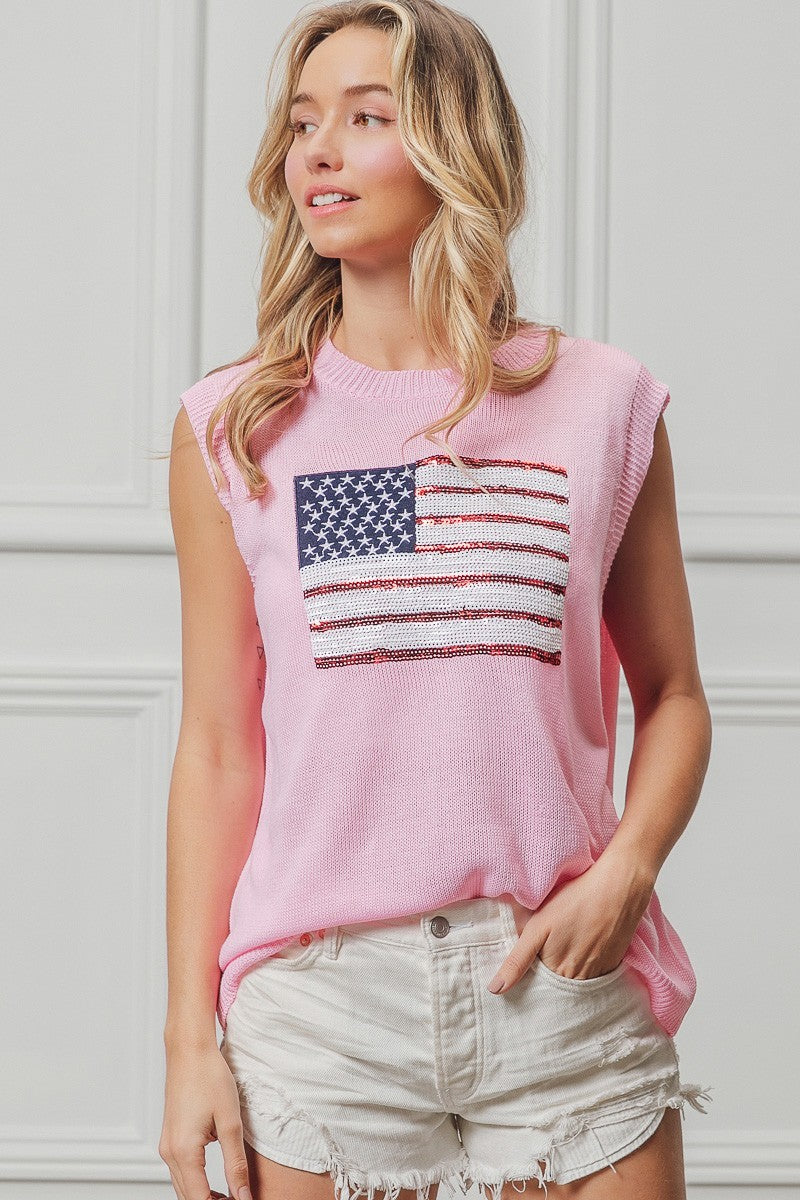 BiBi American Flag Sequins Patch Knit Top PINK afccae18a1b04205a09020f1aeb9eef4-Max