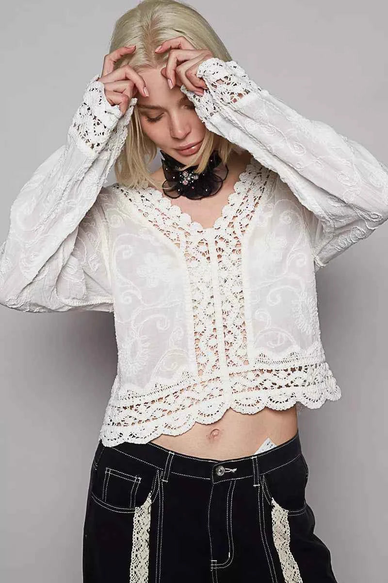 POL Long Sleeve Cropped Crochet Top with Floral Embroidery Detail afd5757d-1d8d-4497-82b8-343c55a61b9d-Max-Origin