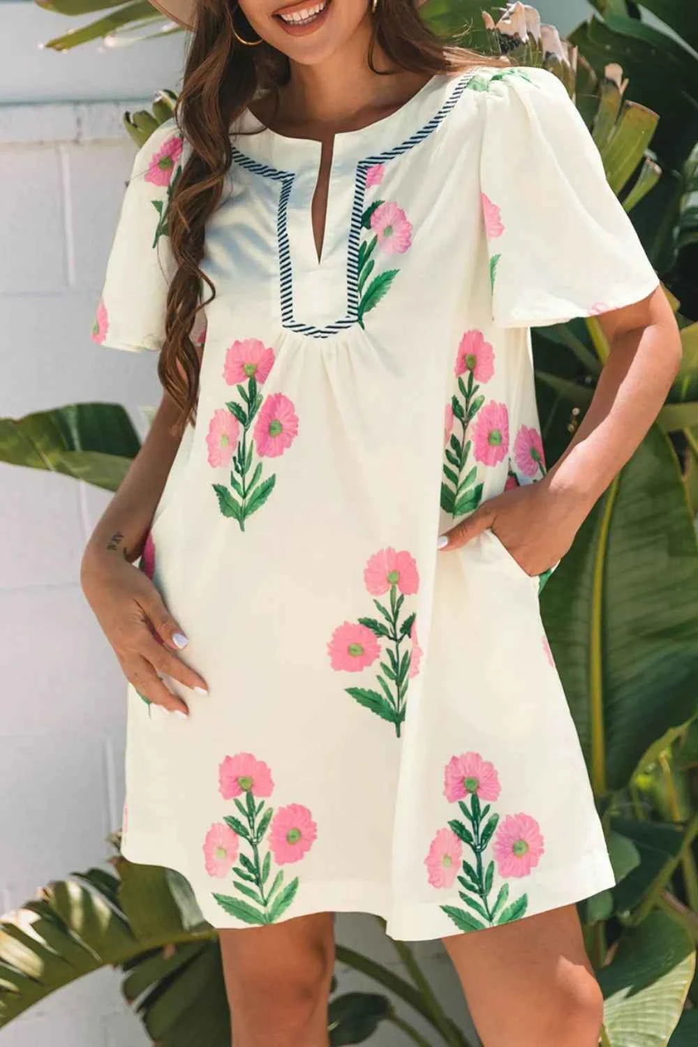Floral Print Flutter Sleeve Summer Mini Dress Cream afd923cf-9038-4587-97b5-8137d6540f05-Max-Origin