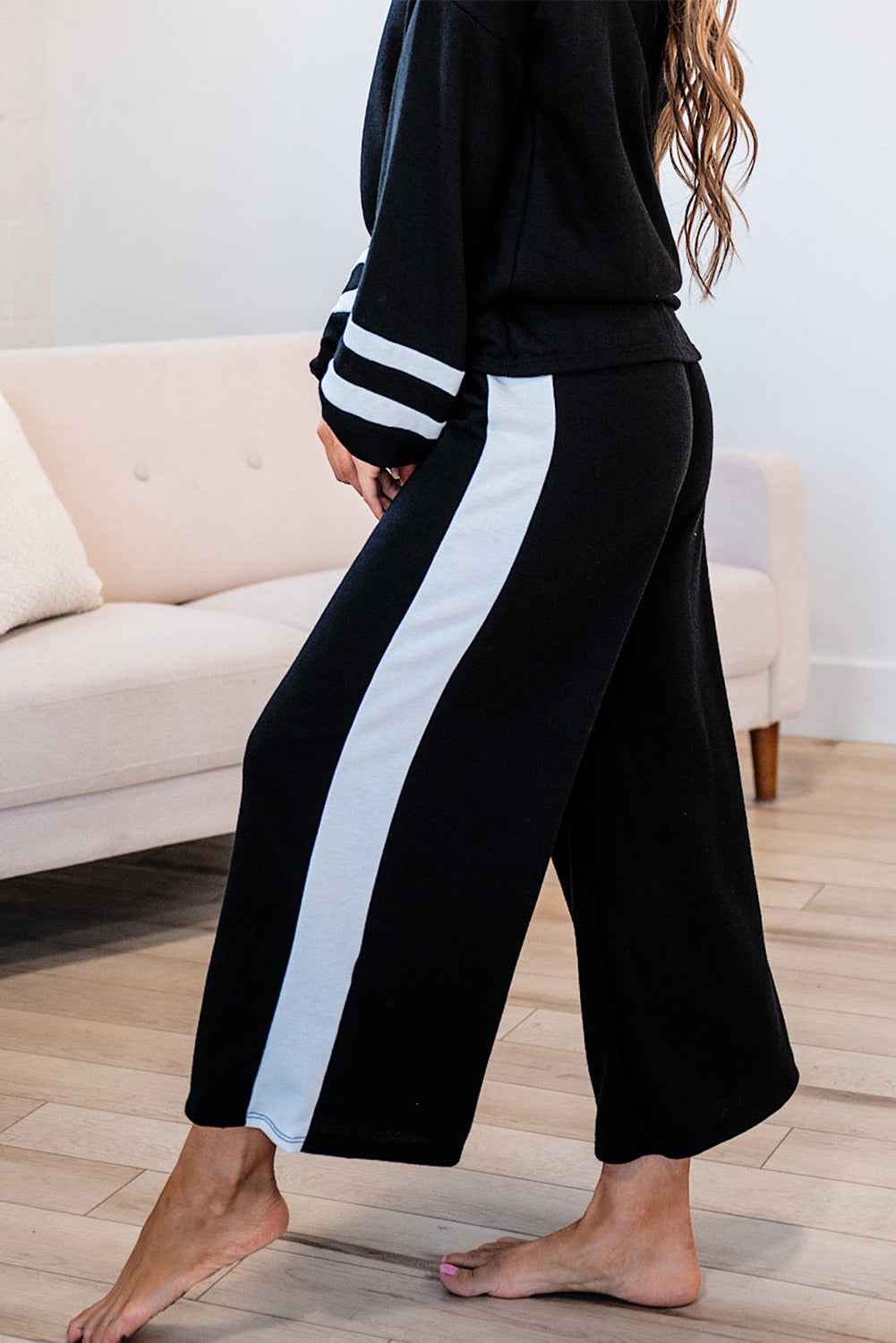 Mineral Red Varsity Stripe Patchwork Puff Sleeve Pullover Drawstring Wide Leg Pant Set afdd085131f24d22