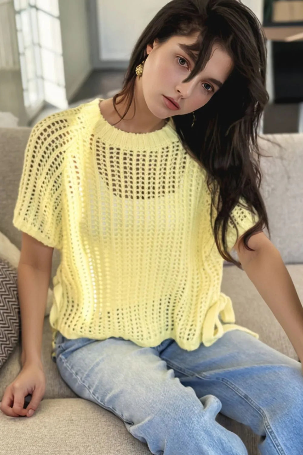 Hollow-out Crochet Side Tied Short Sleeve Knit Cover Up Light Yellow afdd7650-e346-4ab9-84d6-8c13943173e9-Max-Origin