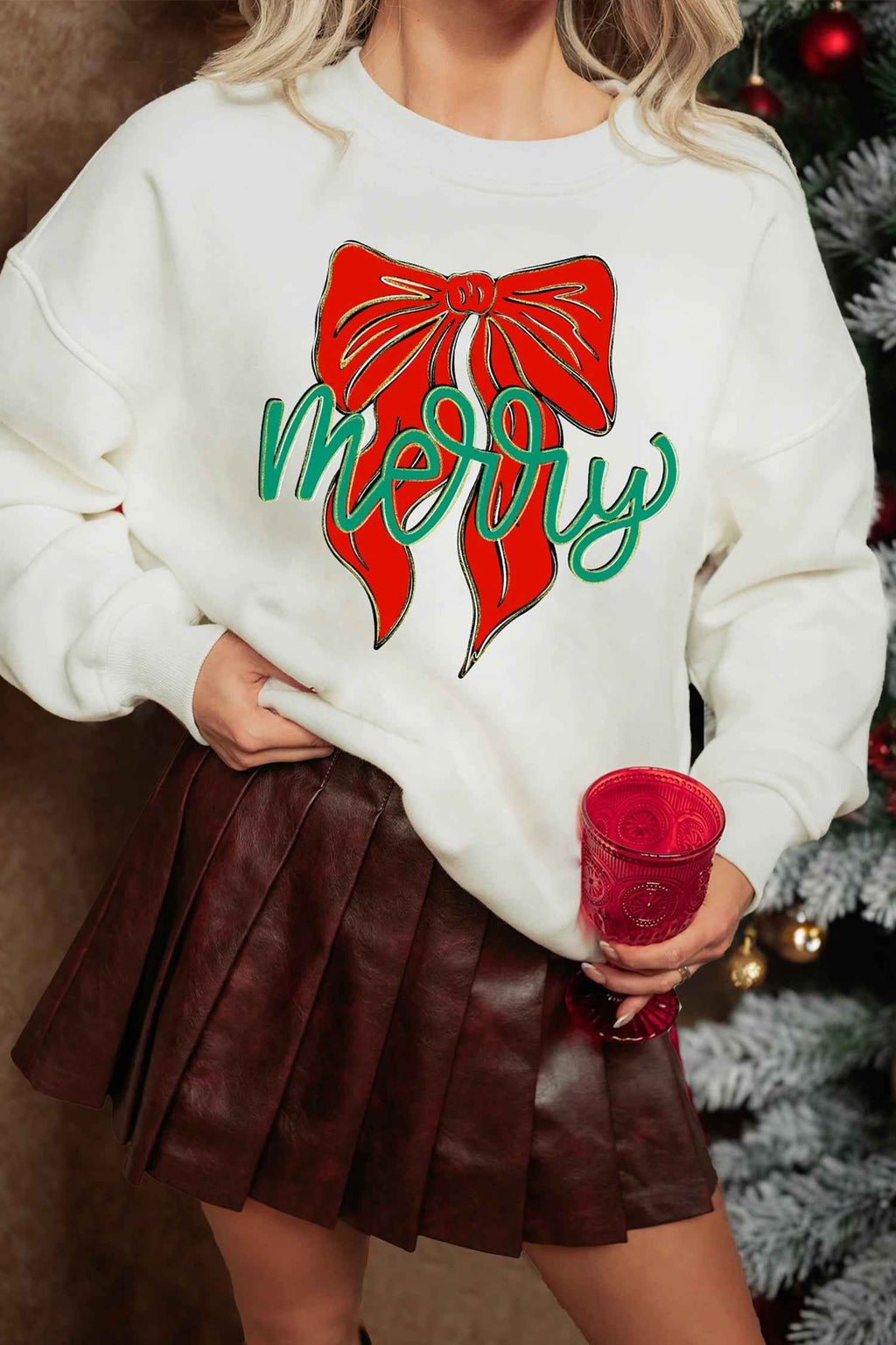 White merry Festive Bow Print Drop Shoulder Loose Pullover Sweatshirt White 50%Polyester+50%Cotton afe093961d787b53
