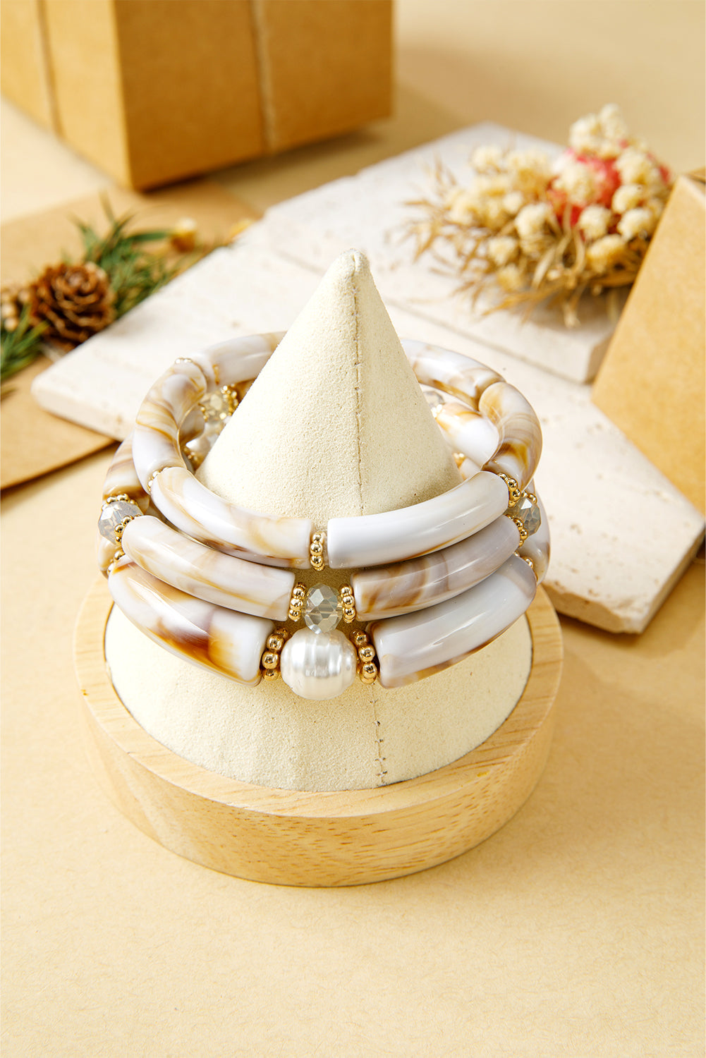 White 3pcs Boho Vintage Acrylic Beaded Bracelet Set afe20a4c49cbcc59