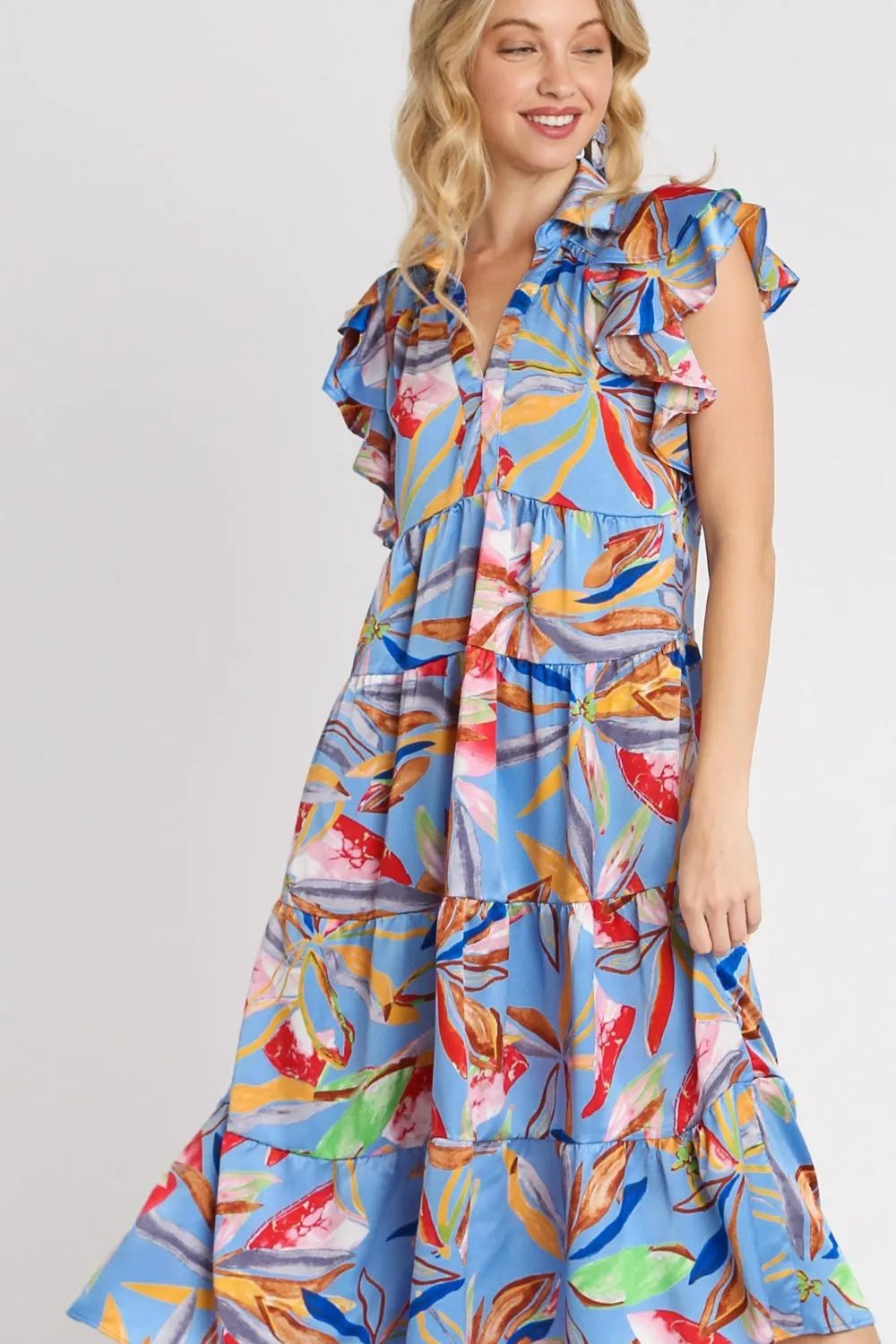 Umgee Full Size Leaf Print Double Layered Ruffle Sleeve Tiered Midi Dress Plus Size afe4459d-87c4-49fa-a8ed-61d68da6e1ff-Max