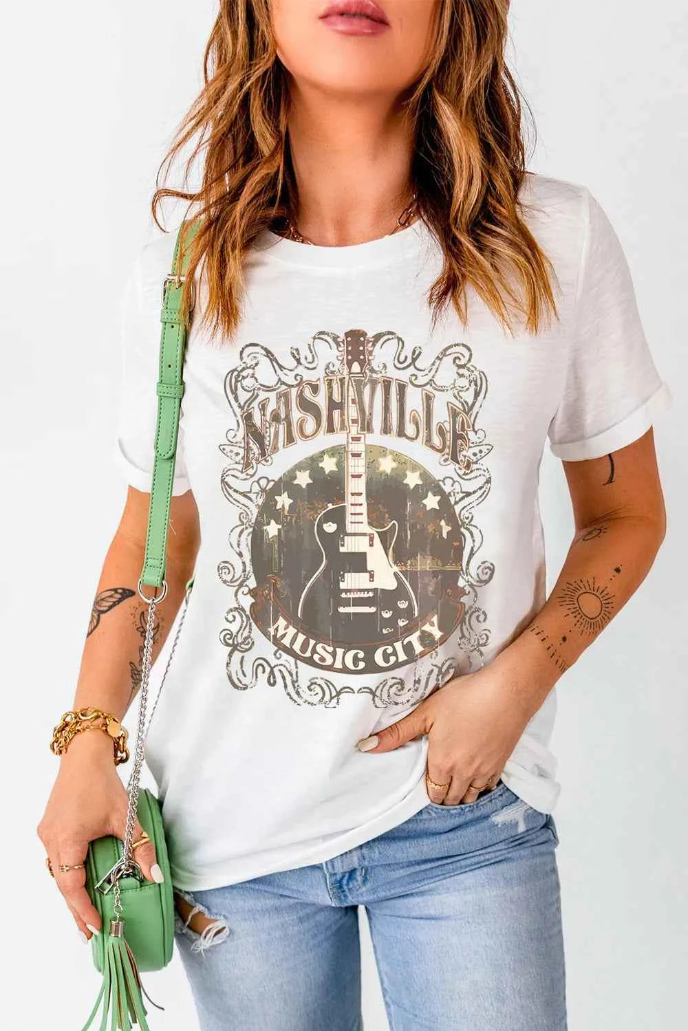 Guitar Graphic Round Neck Short Sleeve T-Shirt White afe58cc1-5c1c-4852-a7d4-180b31201465-Max