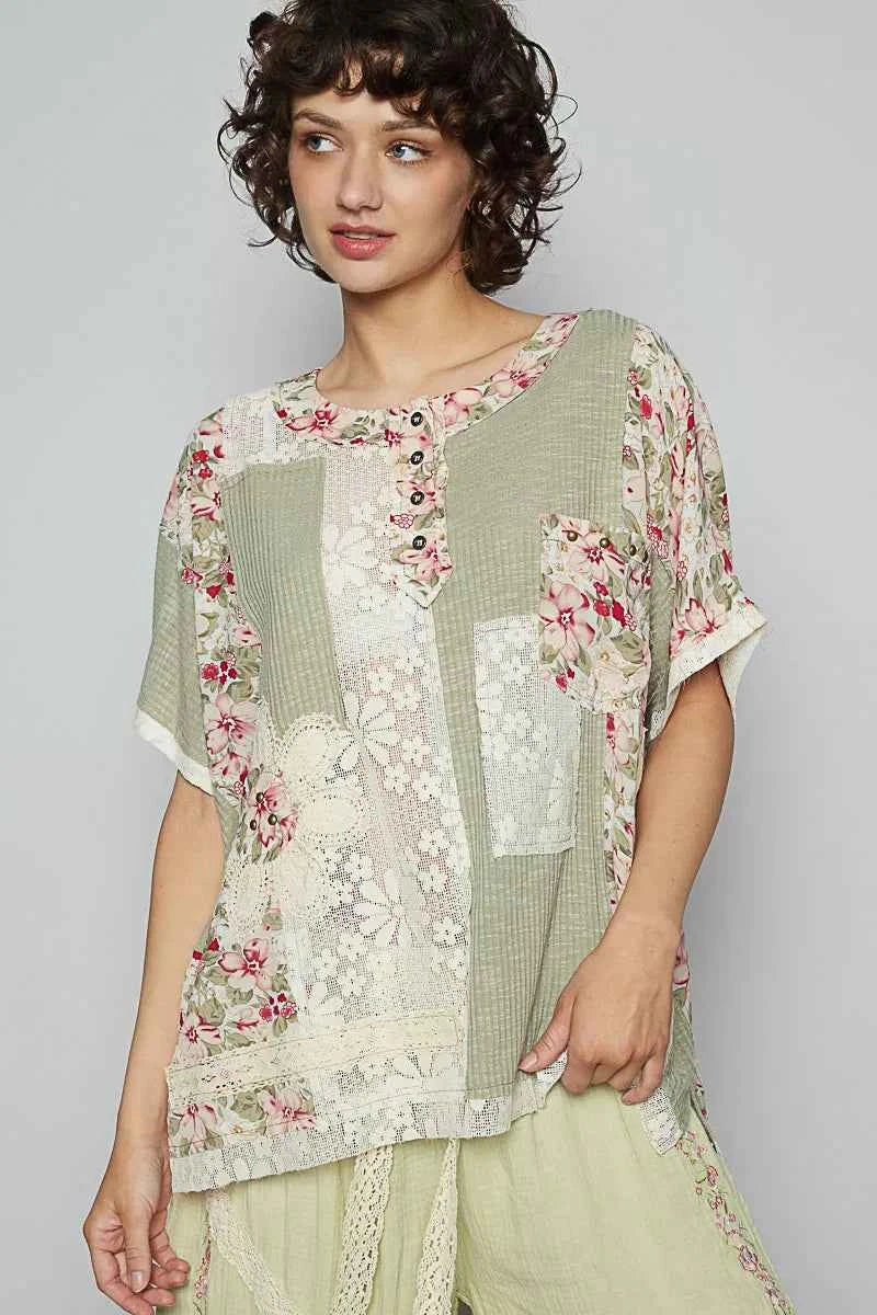 POL Lace Round Neck Short Sleeve Floral Pattern Top with Patch Detail afe848ee-ffd5-4be8-9bc1-77cf35183ab1-Max-Origin