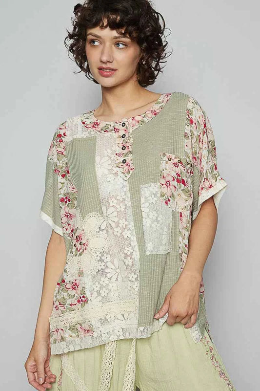 Lace Round Neck Short Sleeve Floral Pattern Top with Patch Detail afe848ee-ffd5-4be8-9bc1-77cf35183ab1-Max-Origin