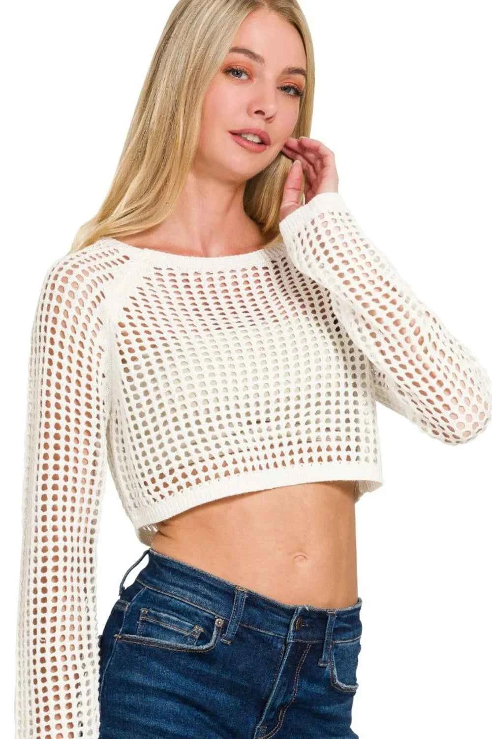 Zenana Hollow Knitted Cropped Round Neck Sweater afe92b03-9648-4f87-b1ae-47f206723947-Max-Origin