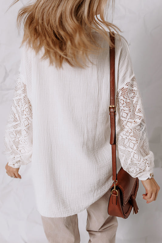 White Cotton Gauze Lace Patchwork Long Sleeve Shirt afec7484d4b2d659