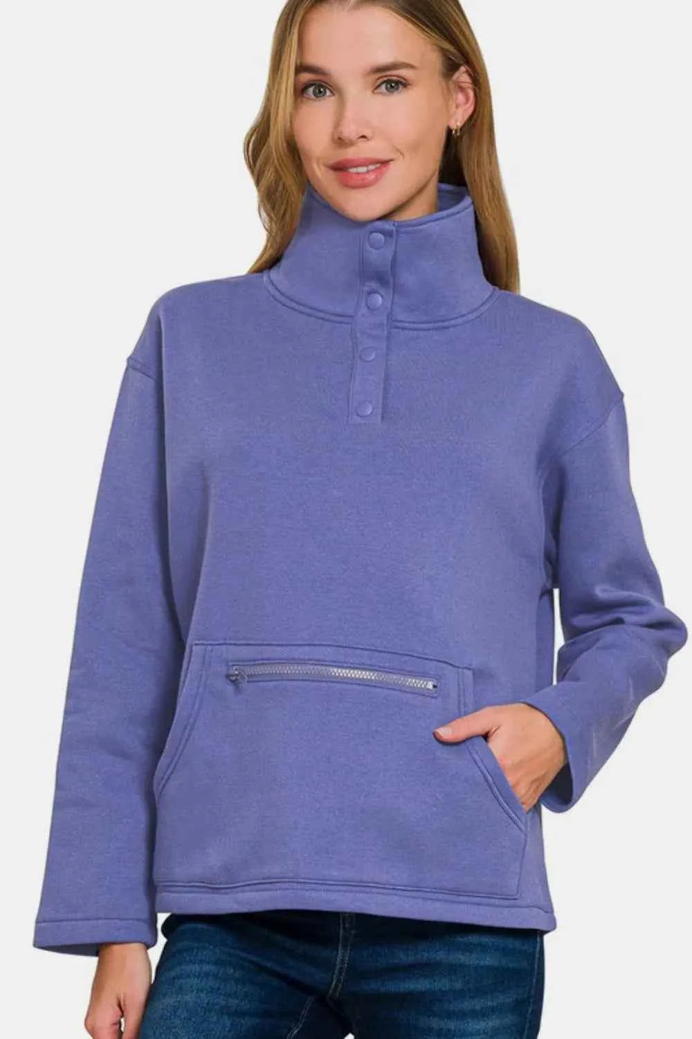 Zenana Turtleneck Half Snap Fleece Sweatshirt Blue Purple afee6087-f181-44e8-aa89-a3531161a289-Max