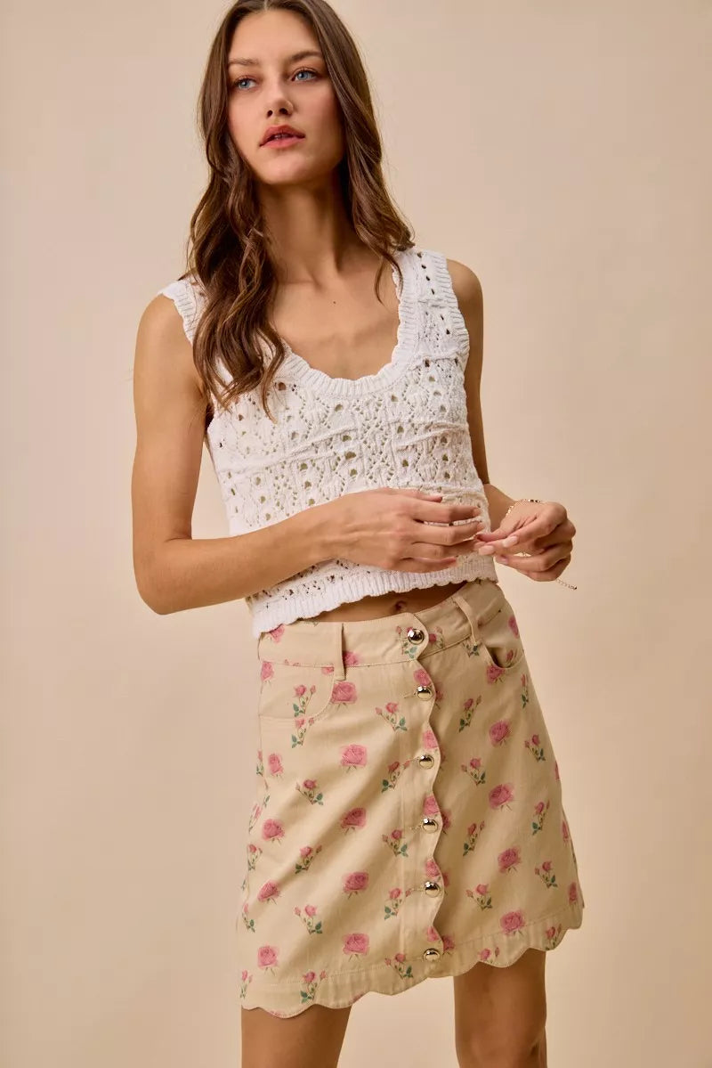 SO ME Floral Rose Print Cotton Twill Scallop Mini Skirt afefeae579f04d7b80e6759f0158e9f5-Max-Origin