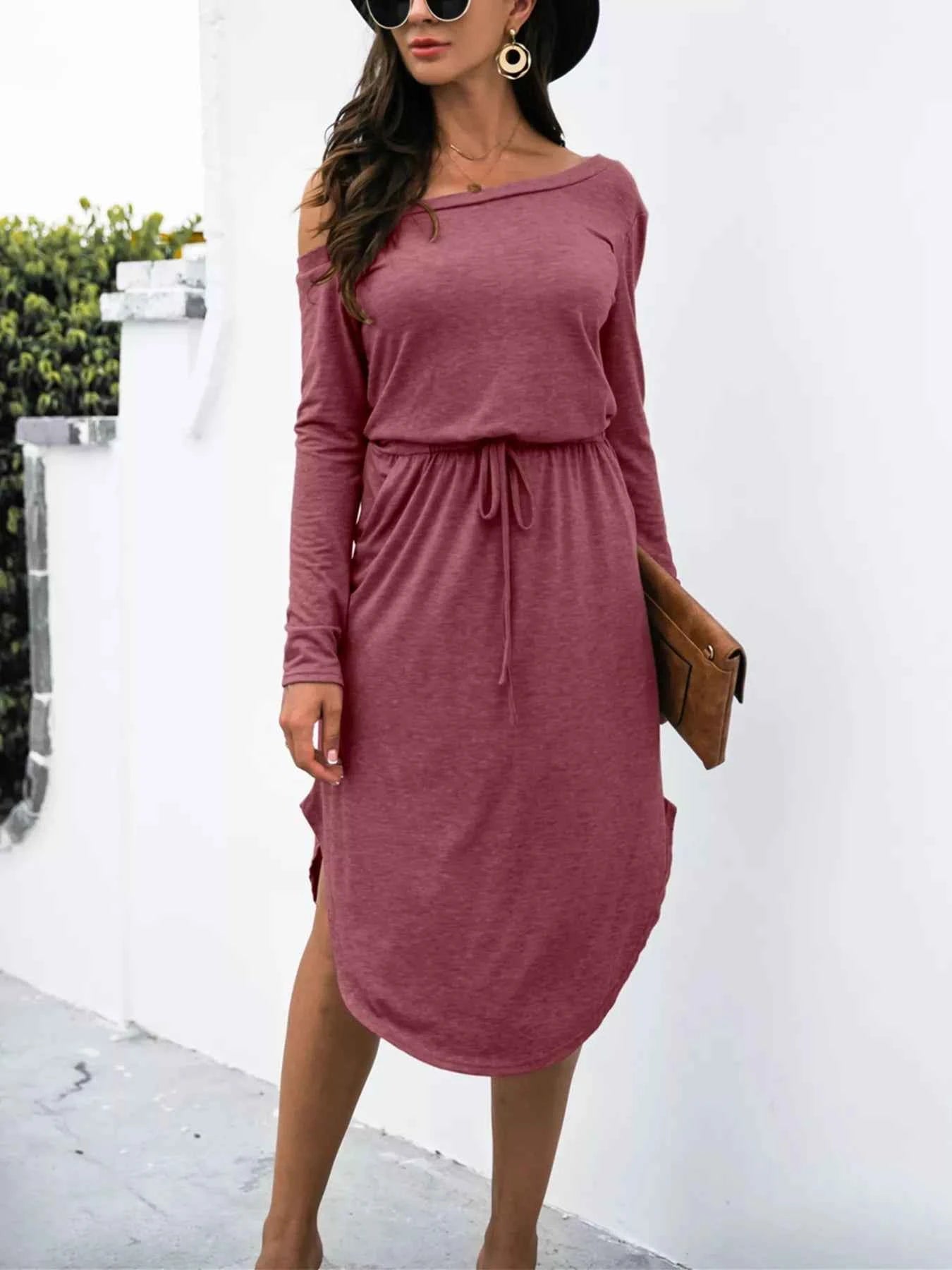 One-Shoulder Long Sleeve Midi Dress with Drawstring Waist aff05dcd-14fc-4ad8-a0a6-bd2bc71be983-Max-Origin