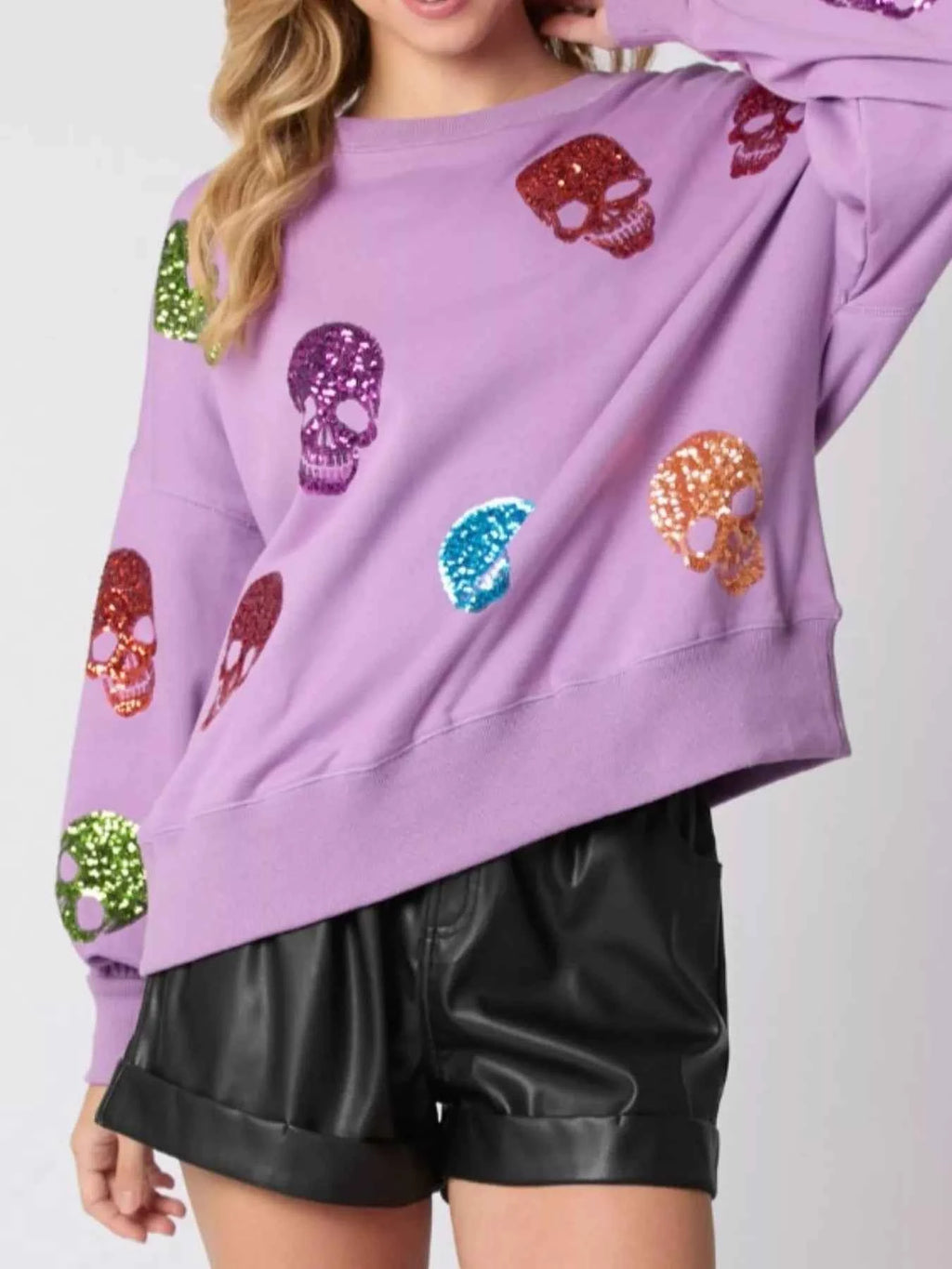 Halloween Colorful Skull Sequin Oversized Sweatshirt aff257f8-f044-42c4-9de0-b766df609505-Max-Origin