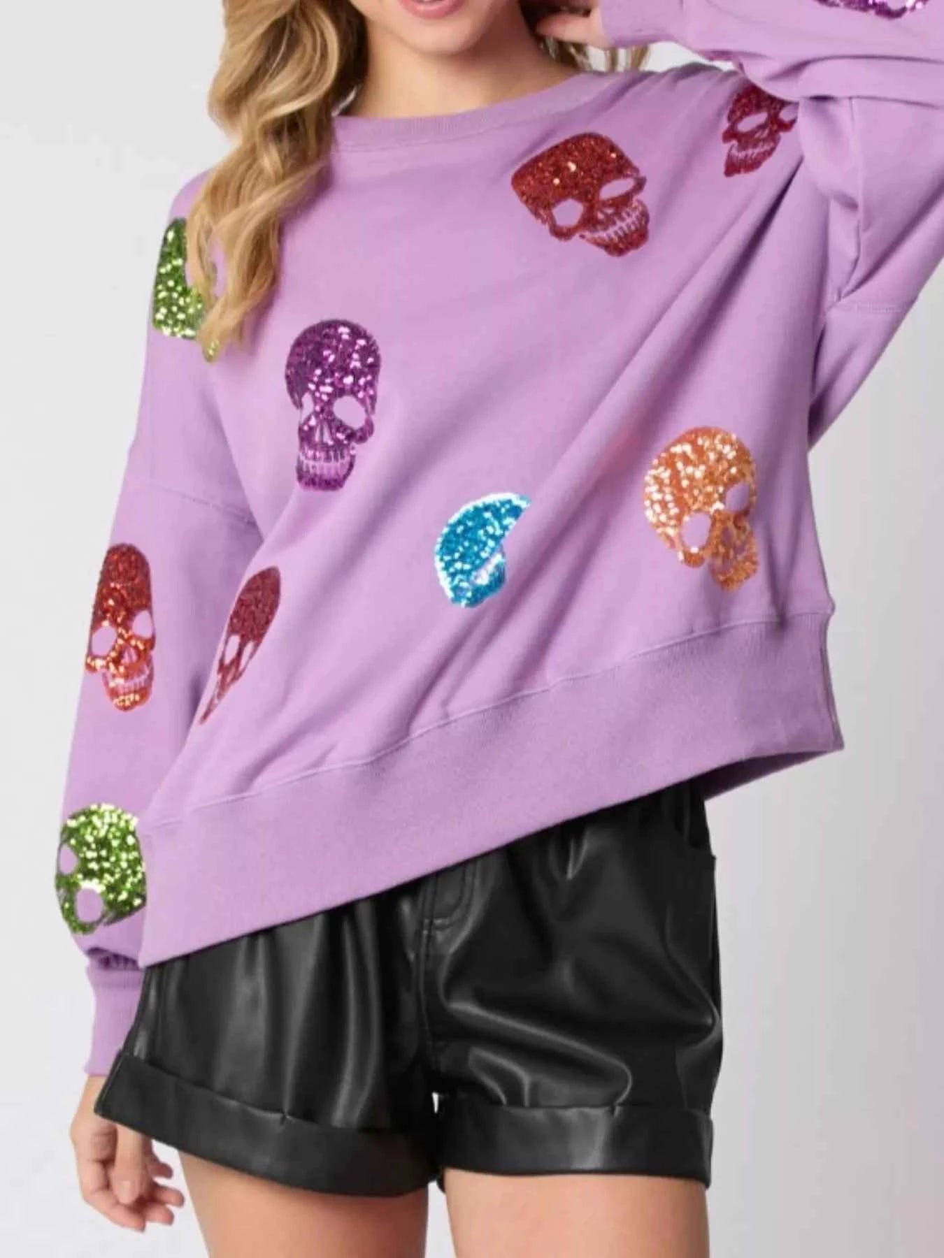 Halloween Colorful Skull Sequin Oversized Sweatshirt aff257f8-f044-42c4-9de0-b766df609505-Max-Origin