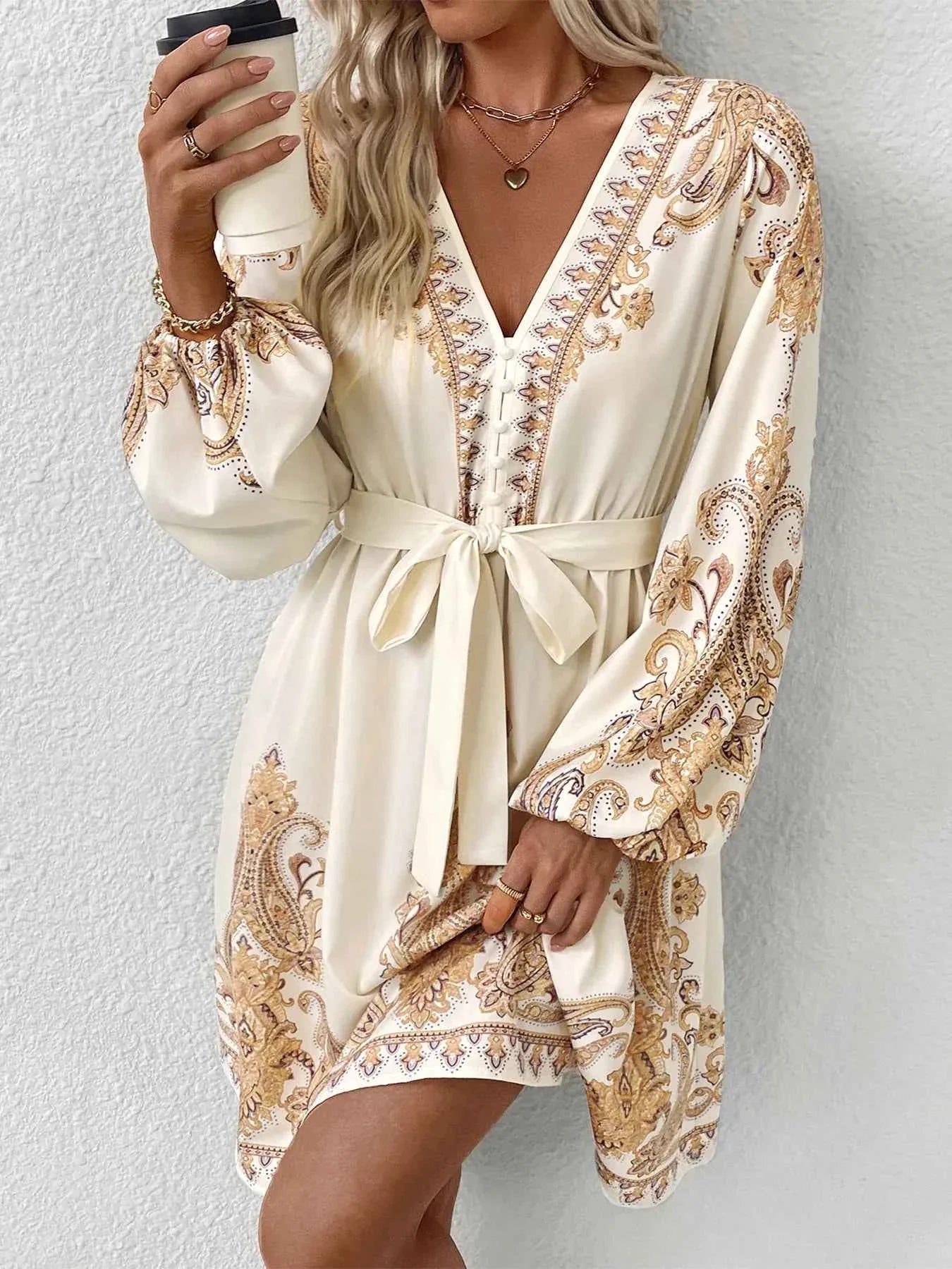 Printed Tie Waist Long Sleeve Dress aff79374-3e8b-4cf6-9c3b-72d6e4931e6b-Max-Origin