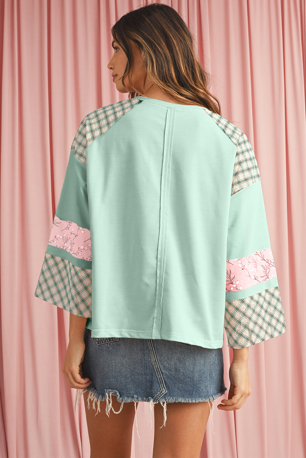Aqua Plaid Floral Patchwork Heart Long Sleeve Top aff8c77b9b3dd9e7