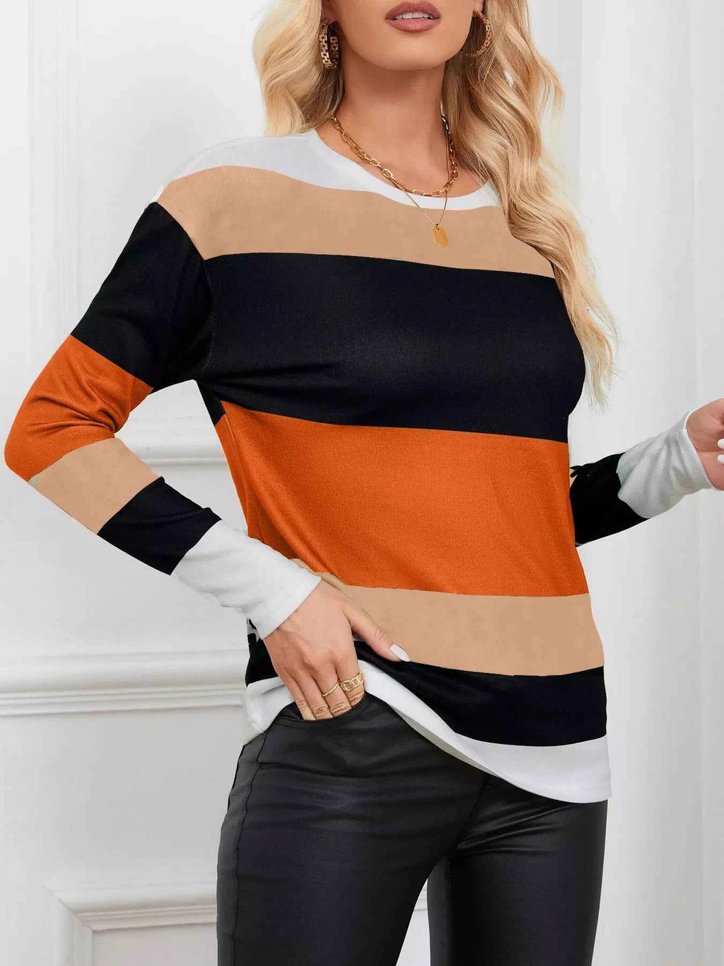 Leopard Color Block Striped Knit Top affb5f352c484c48942872fd4e2b0589-Max-Origin