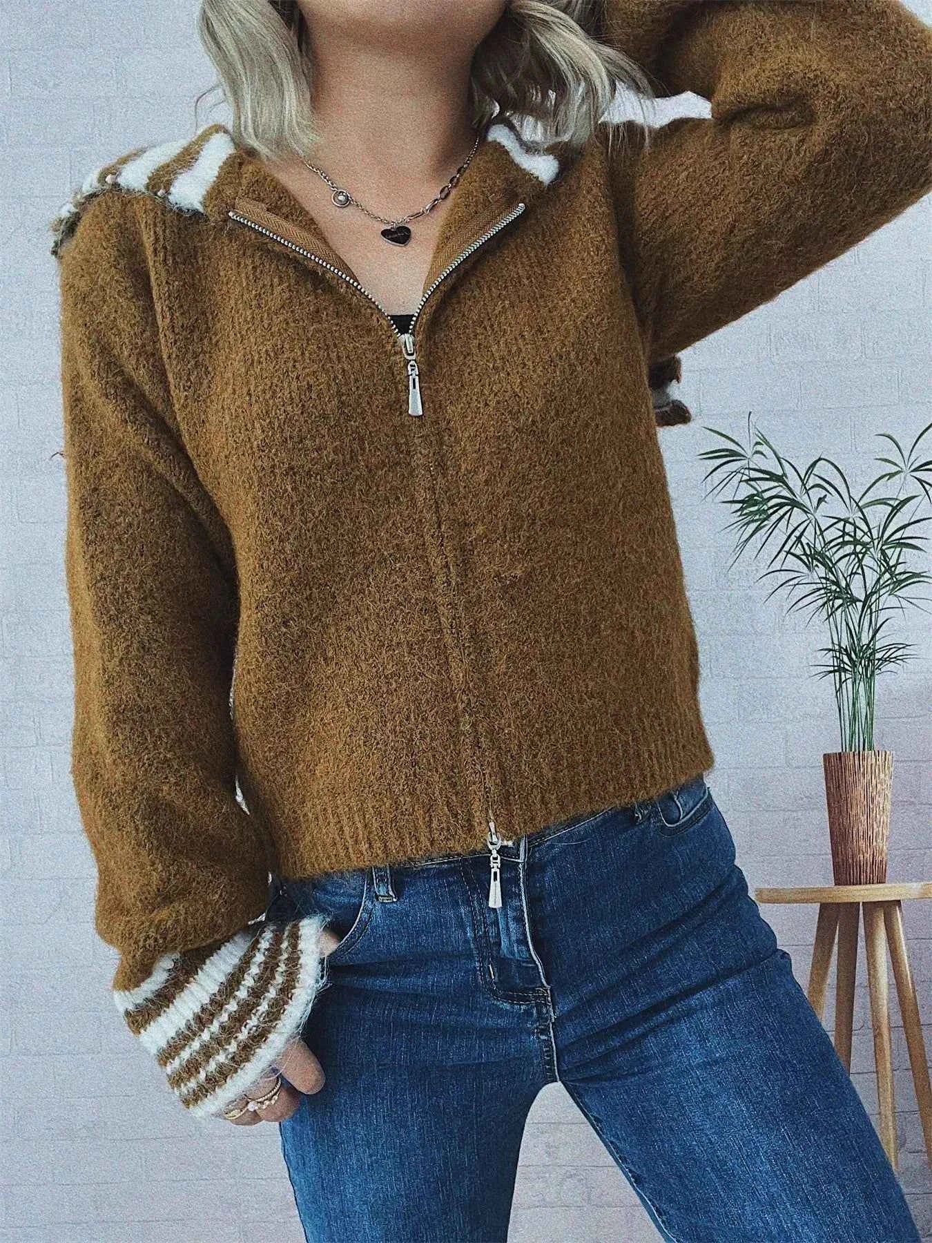 Striped Zip-Up Cardigan Brown One Size affed274bef741d4b7f564065b93e856-Max-Origin