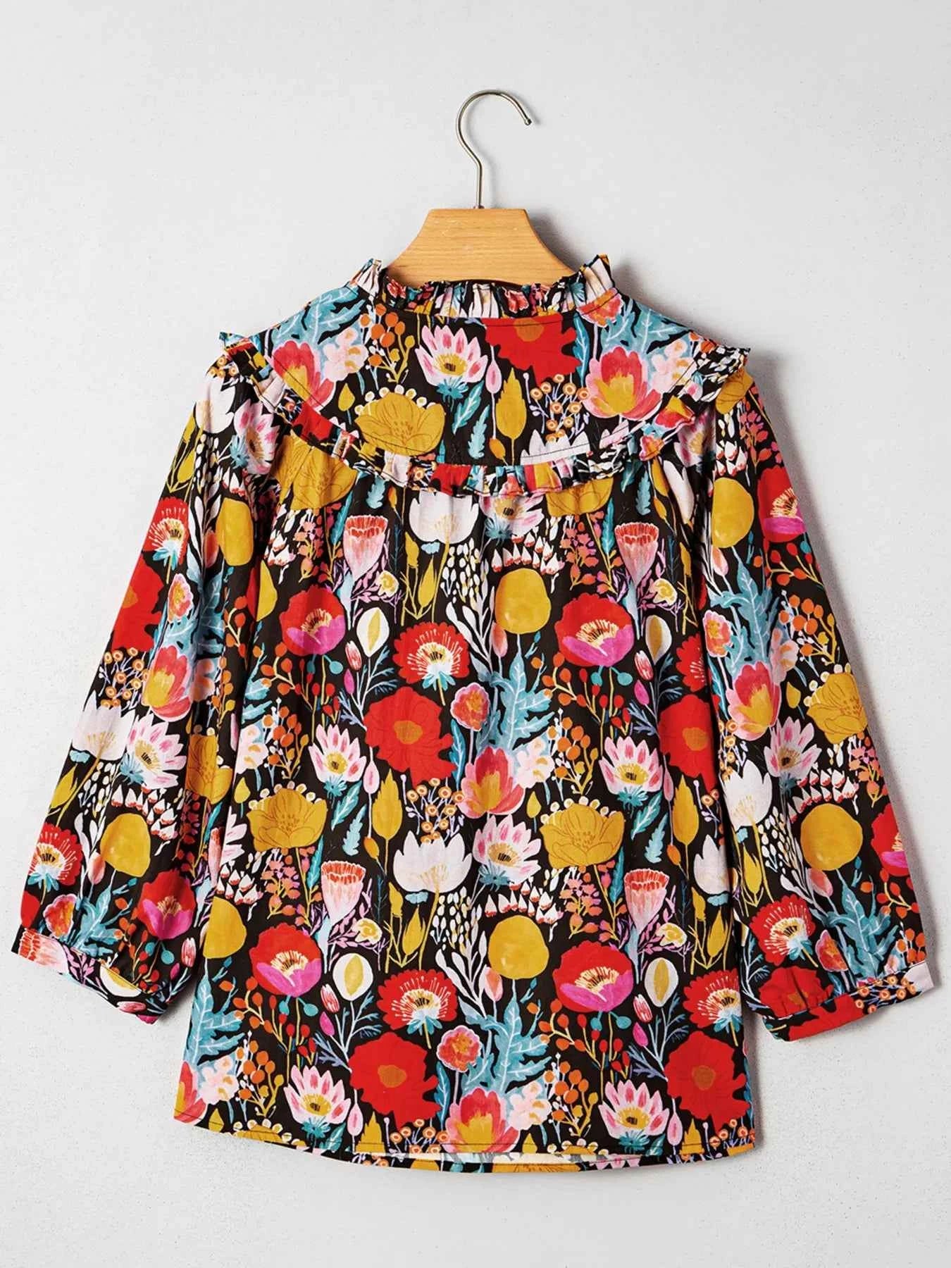 Floral 3/4 Puff Sleeve Tied Neck Blouse b00156526939485885371a65ede121ce-Max-Origin
