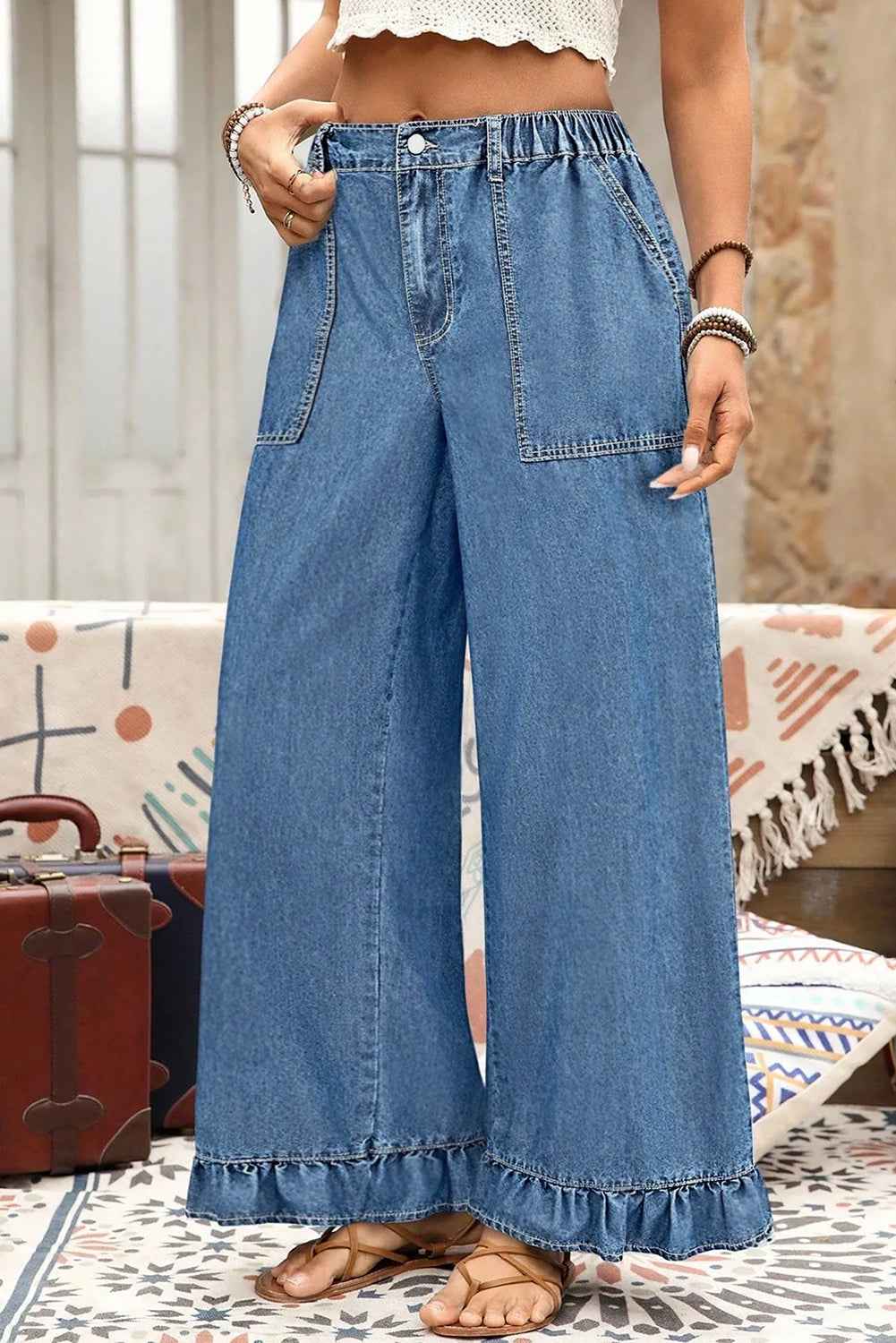 Ashleigh Blue Plus Size Elastic Waist Ruffled Wide Leg Denim Pants Ashleigh Blue 72%Cotton+26%Polyester+2%Elastane b0051ca8737ceb5f