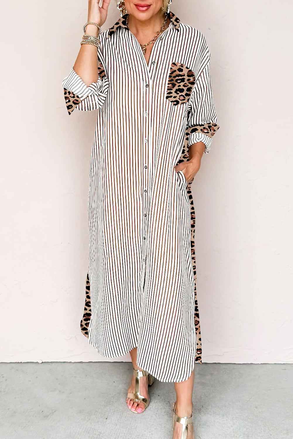 Brown Stripe Contrast Leopard Patchwork Shirt Dress Brown Stripe 100%Polyester b009bd90485606b8