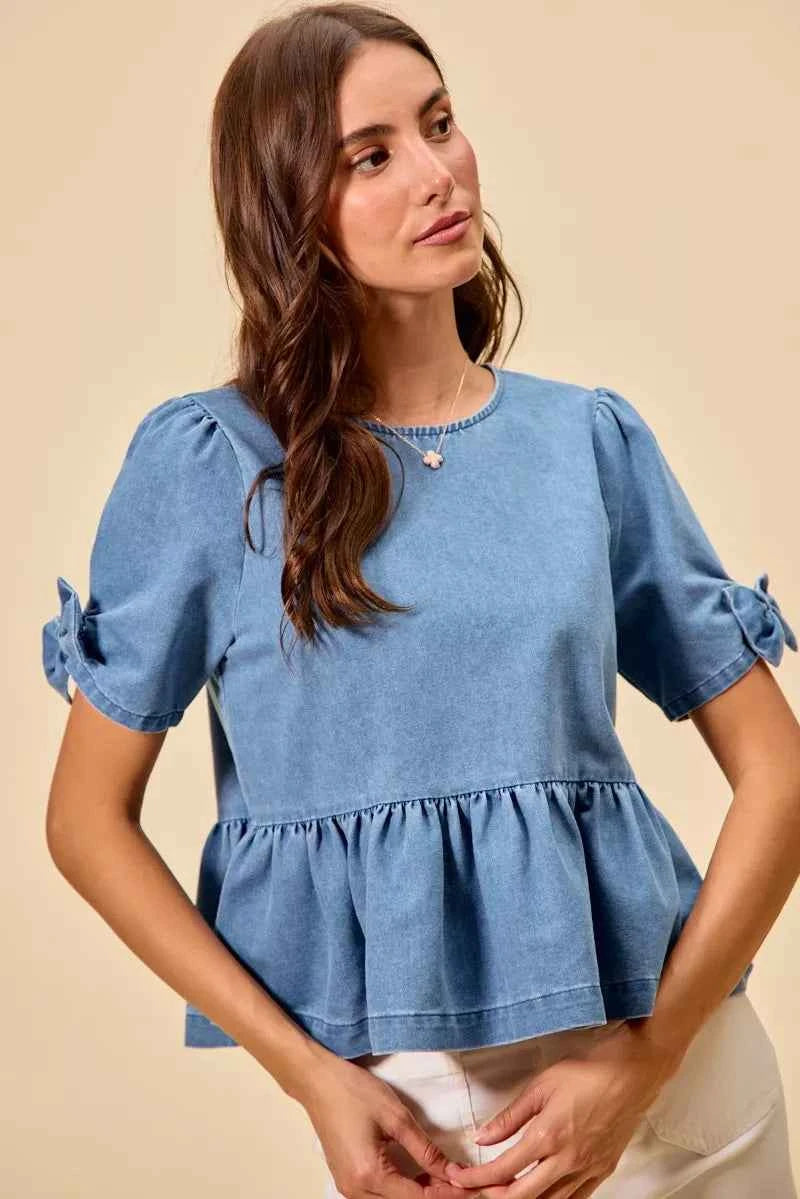 SO ME Denim Bow Detail Short Sleeves Peplum Top b00bb95e190148bf879146ebd1e1fea7-Max-Origin