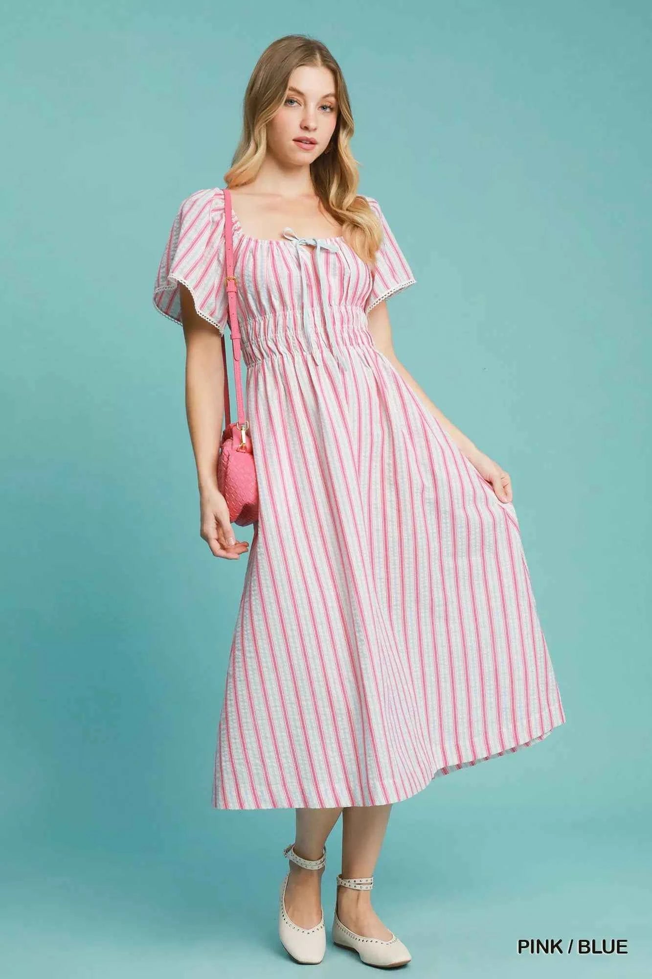 Umgee Smocked Striped Short Sleeve Midi Dress PINK BLUE b013b53b-8ad9-4aa6-99d1-751d009084dc-Max-Origin