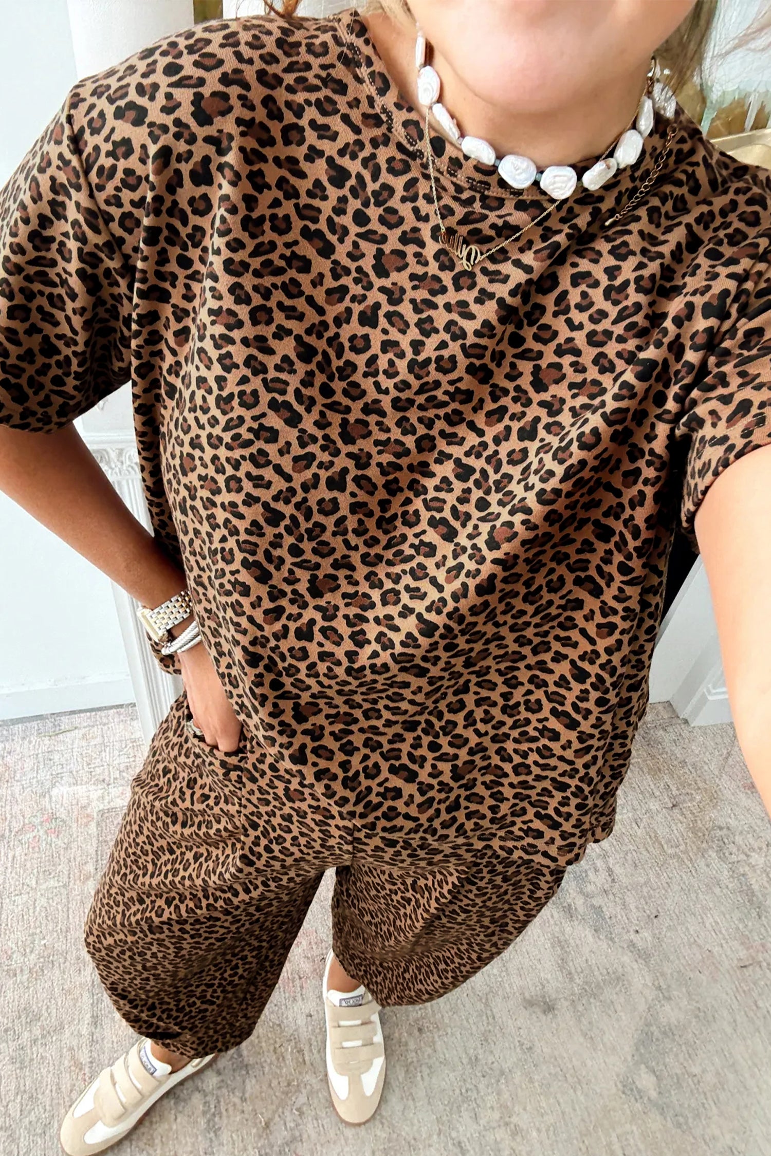 Brown Leopard Loose Tee Drawstring Waist Barrel Pants Set b0156bccbc95bc2e
