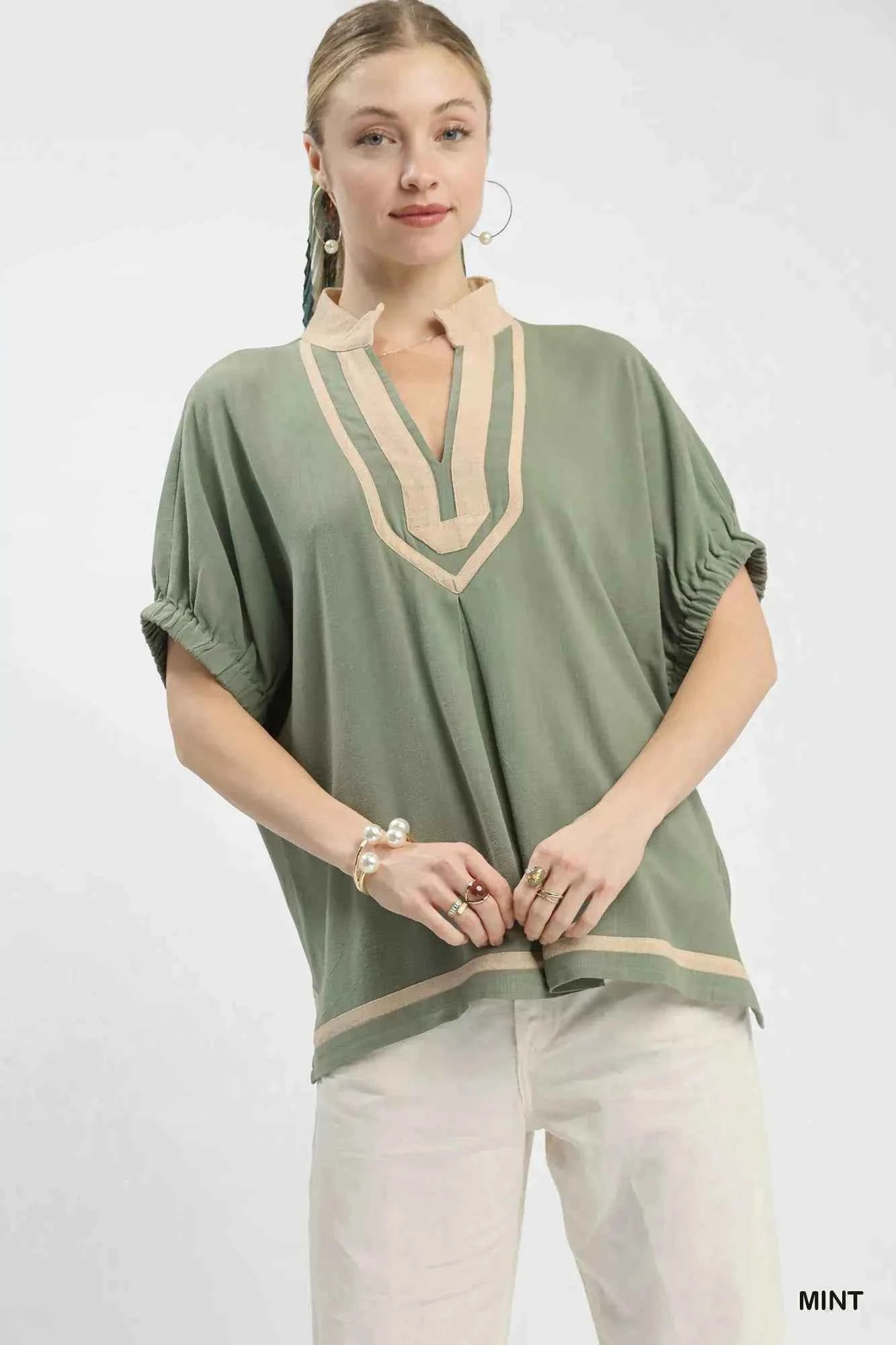 Umgee Linen Contrast Trim V-Neck Blouse MINT b01be664-71a0-4e0a-8555-87dad3a45f18-Max-Origin