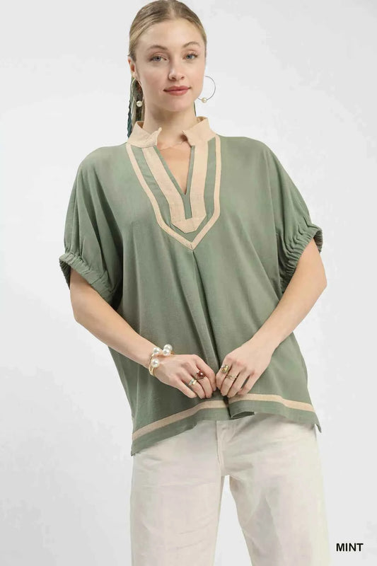 Umgee Linen Contrast Trim V-Neck Blouse MINT b01be664-71a0-4e0a-8555-87dad3a45f18-Max-Origin