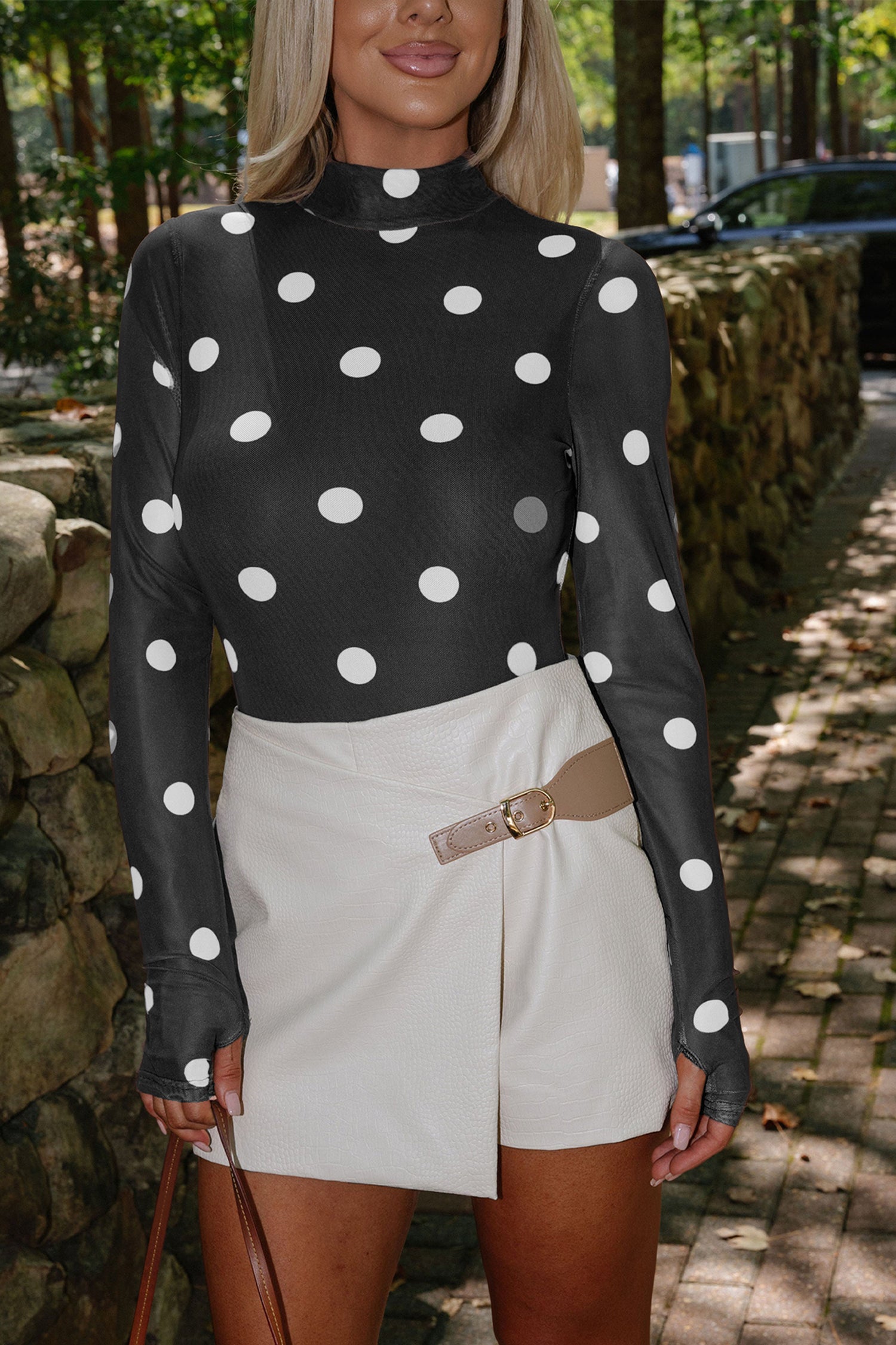 Brown Vintage Polka Dot Print Mesh Long Sleeve Bodysuit Black 95%Polyester+5%Elastane b01d8bfa62192c37