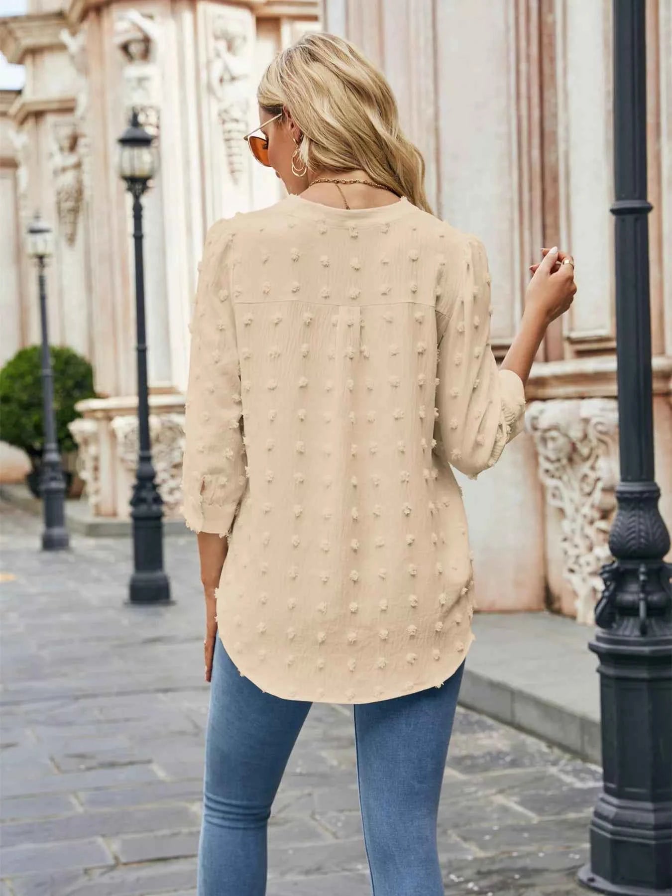 Swiss Dot Notched 3/4 Sleeve Blouse b01ddfe6469f4ee5b52d1fa071c0d04d-Max-Origin